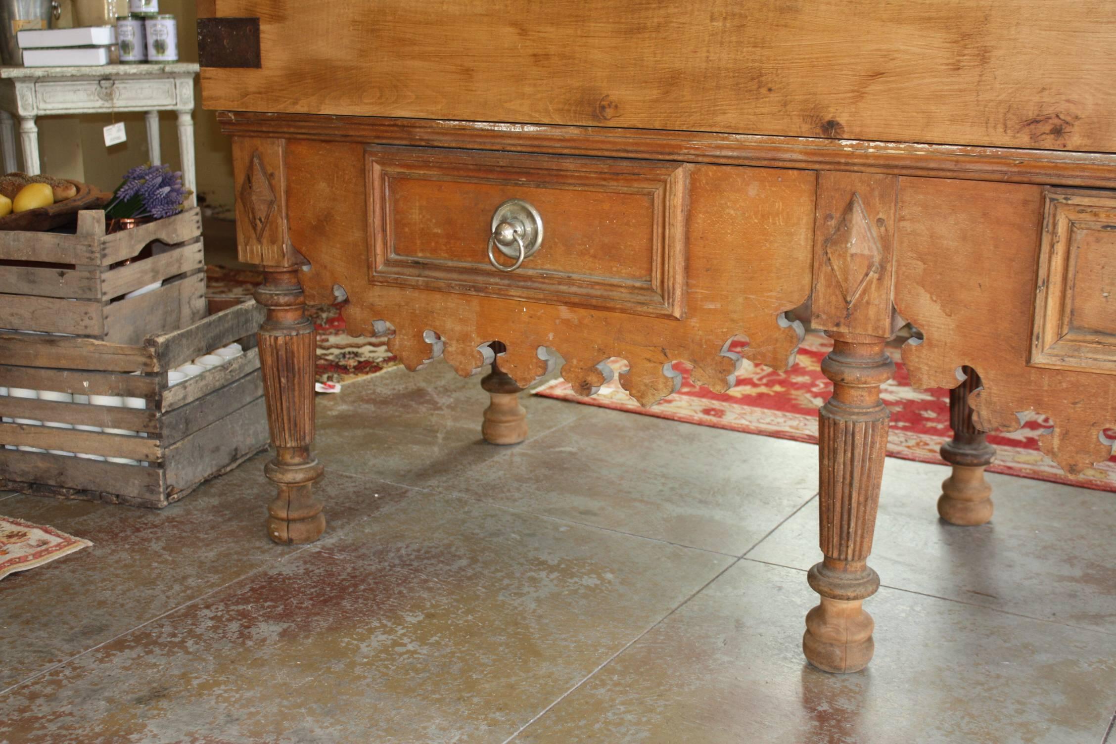 Large 19th Century French Butcher Block Table with Marble In Good Condition In Fairhope, AL