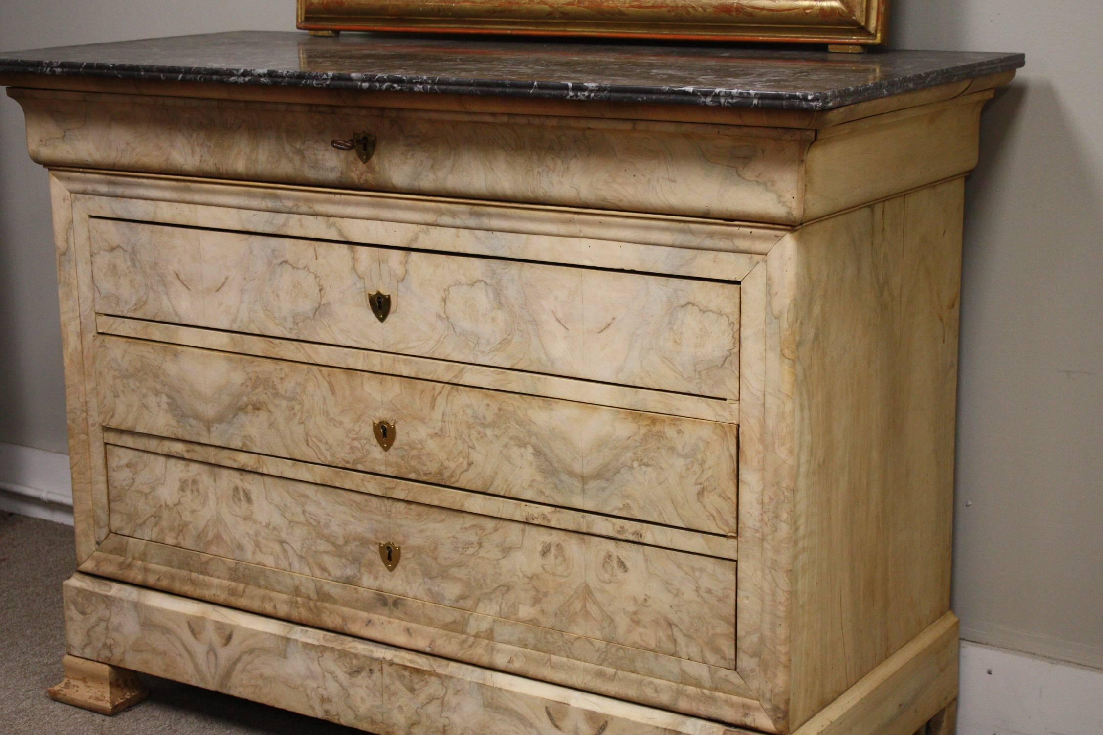 French Louis Phillipe dresser in bleached burl walnut and original marble-top.