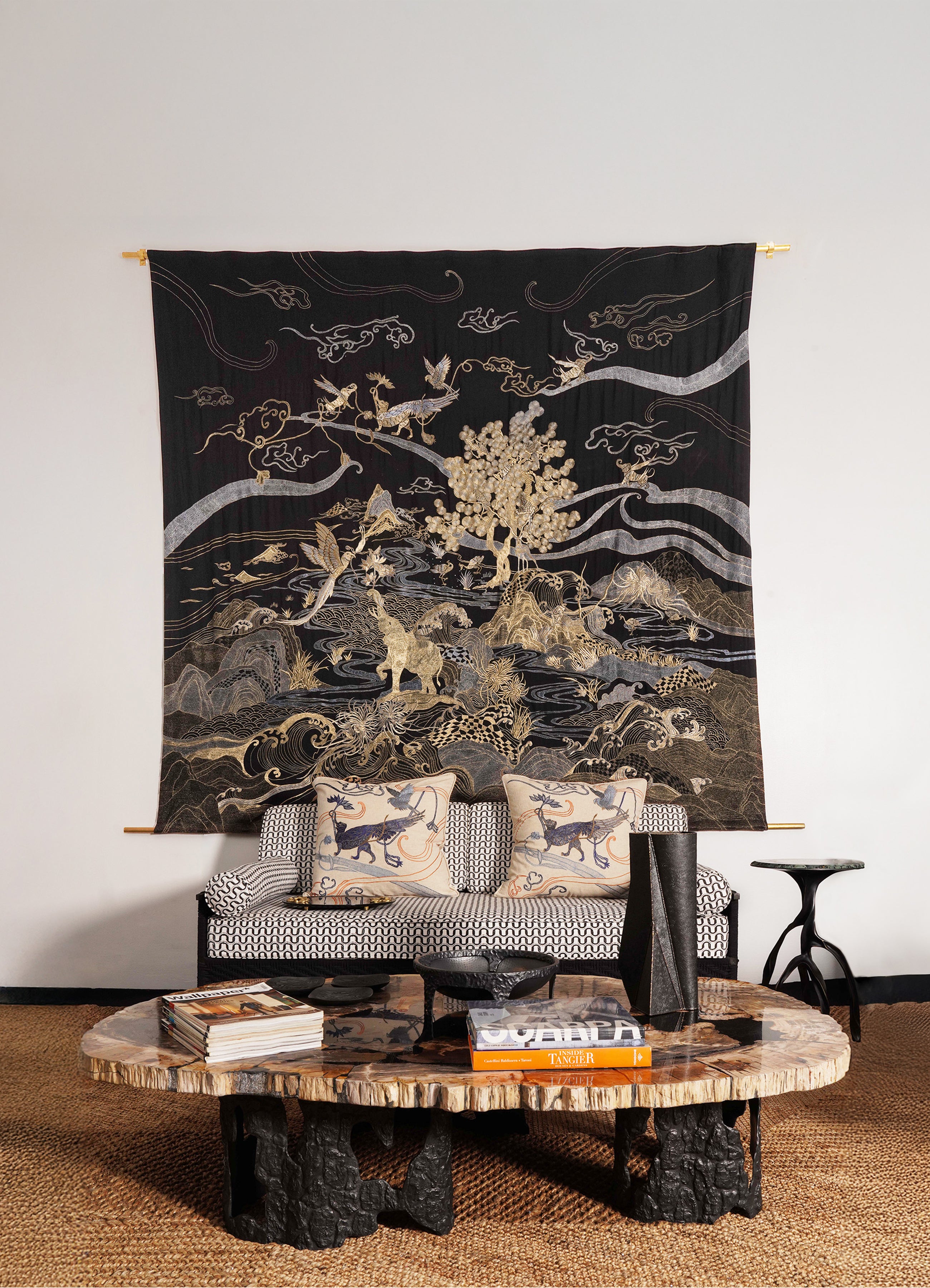 Dreamscape Black & Gold Embroidered Bedcover in Linen, Viya by Vikram Goyal For Sale