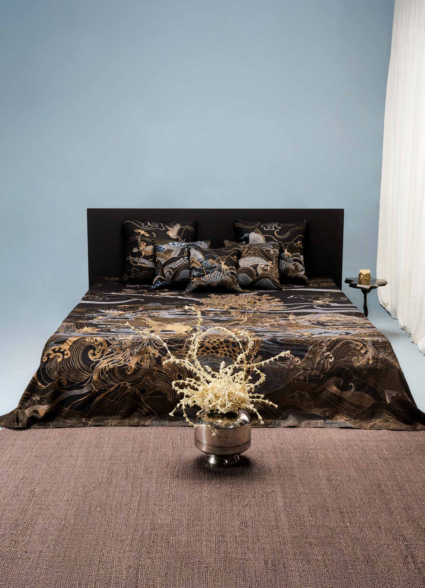 Dreamscape Black & Gold Embroidered Bedcover in Linen, Viya by Vikram Goyal
