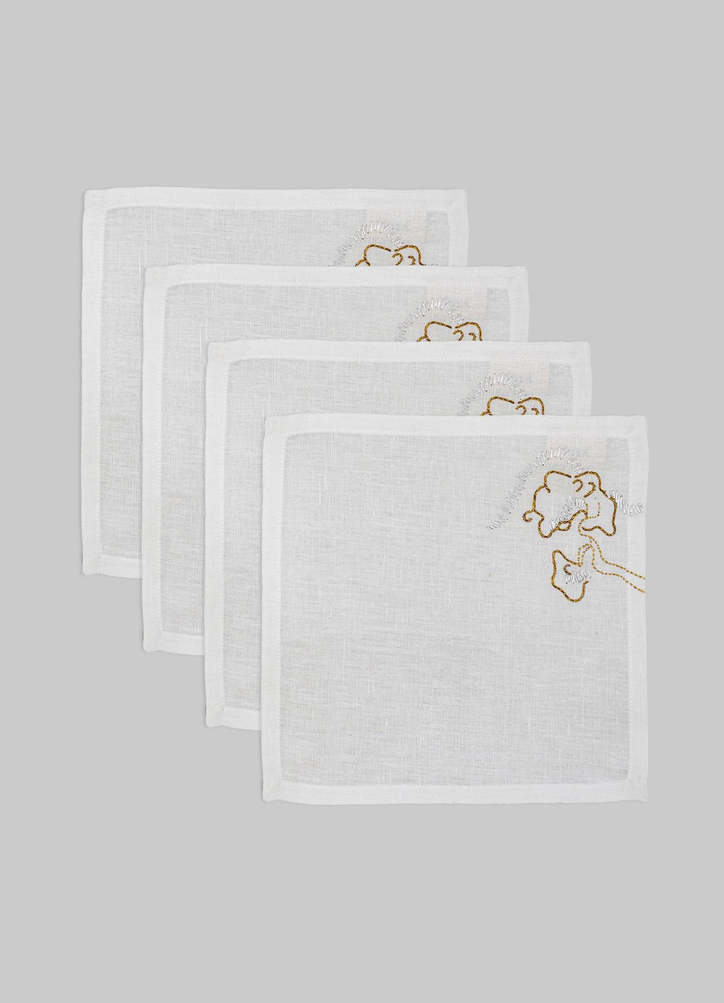 Fait main Blackbuck Dreams Serviettes de table brodées à la main blanc et or Lot de 4 en vente