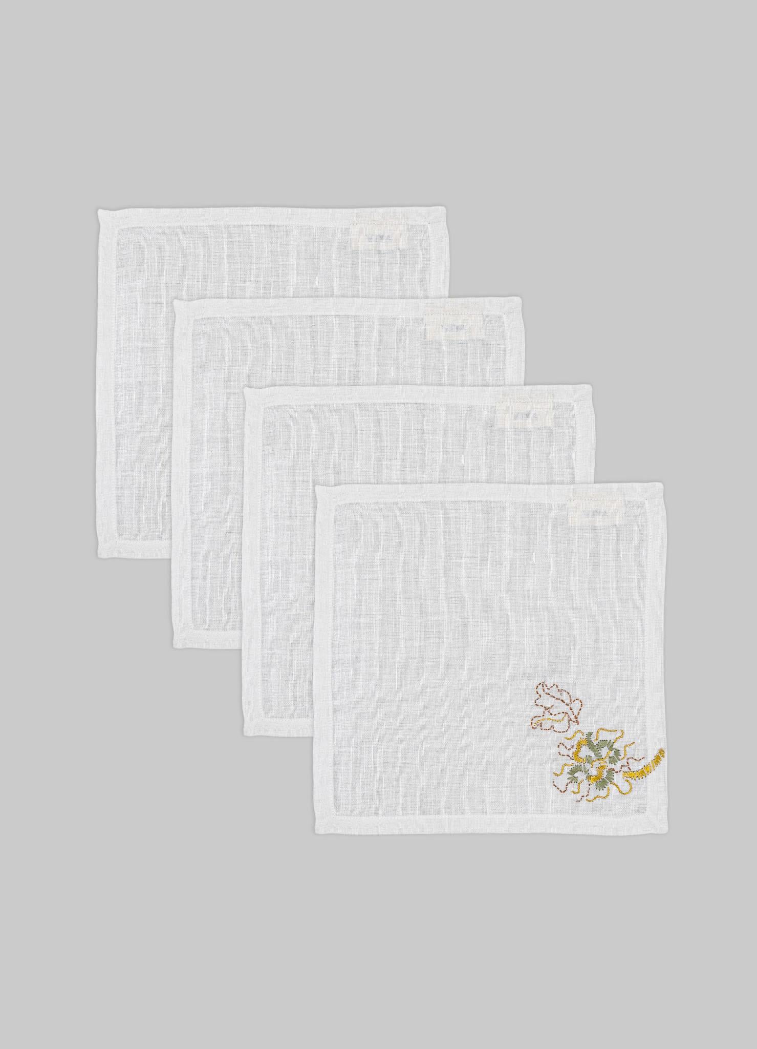 Baum voller Papageien Handgestickte Weiß & Gold Cocktail Servietten 4er Set (Handgefertigt) im Angebot