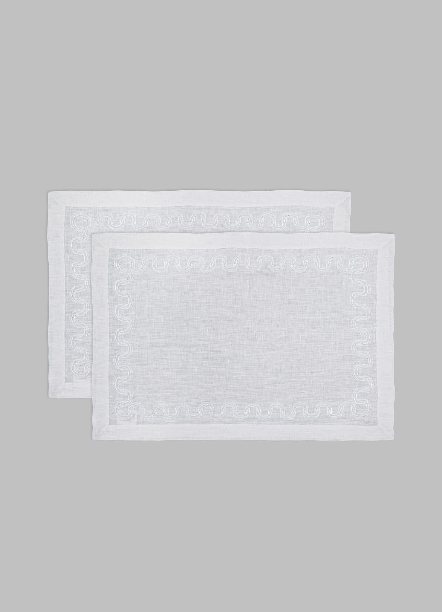 Indian Paigah Hand Embroidered White Linen Placemat - Set of 2, Viya by Vikram Goyal For Sale