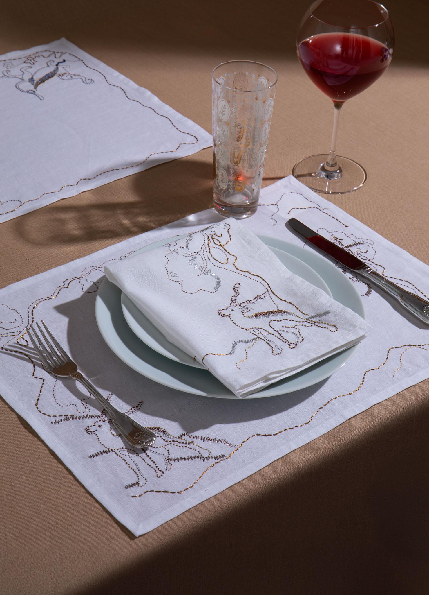Hand-Crafted Blackbuck Dreams Hand Embroidered White Placemat, Viya by Vikram Goyal For Sale