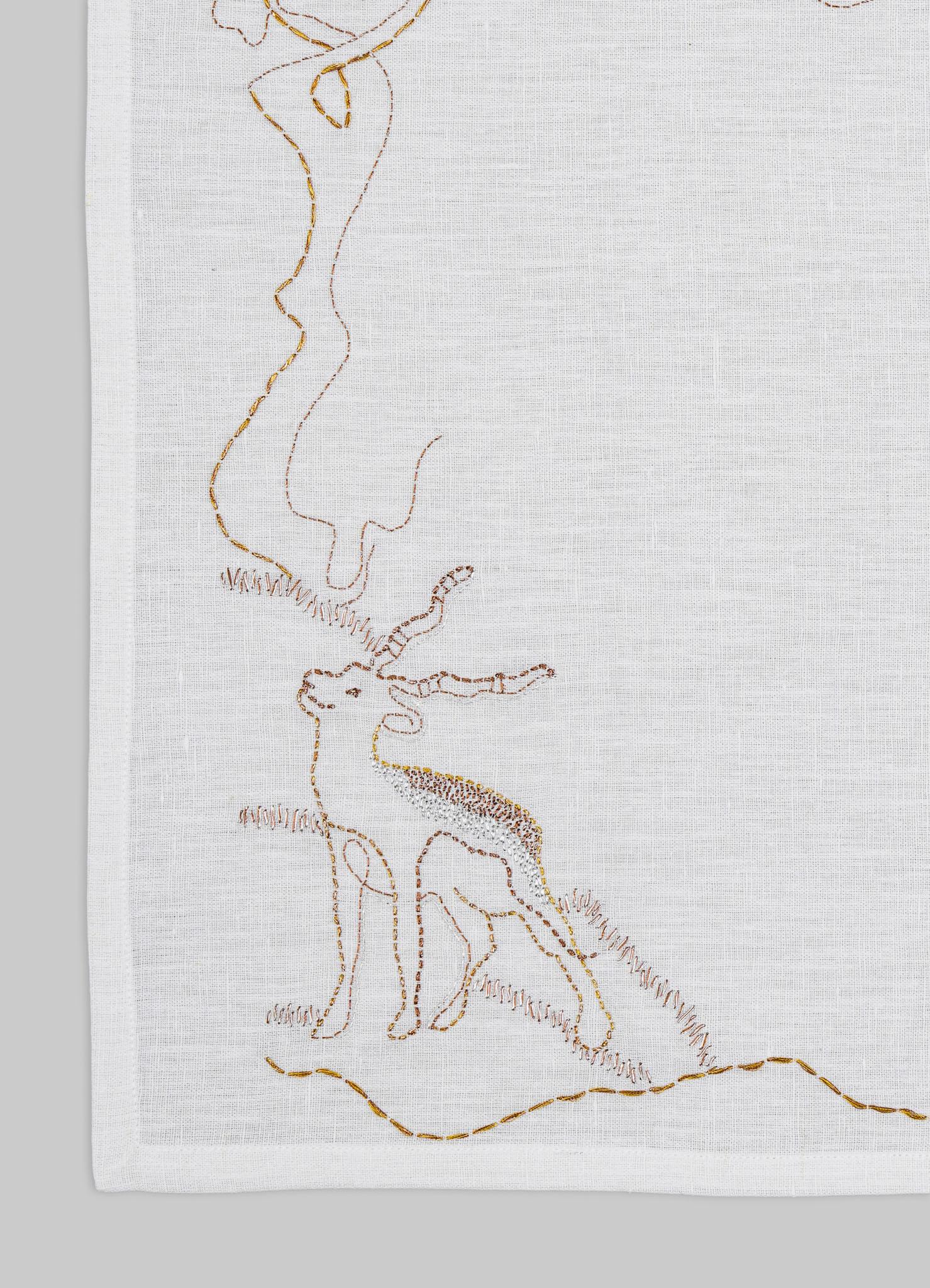 Indian Blackbuck Dreams Hand Embroidered White Placemat, Viya by Vikram Goyal For Sale