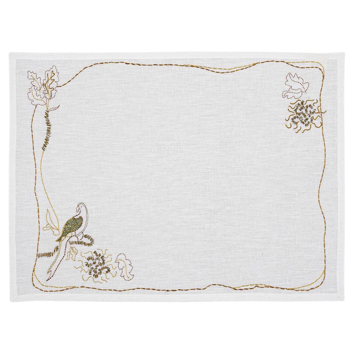 Tree Full of Parrots Hand Embroidered White & Gold Placemat