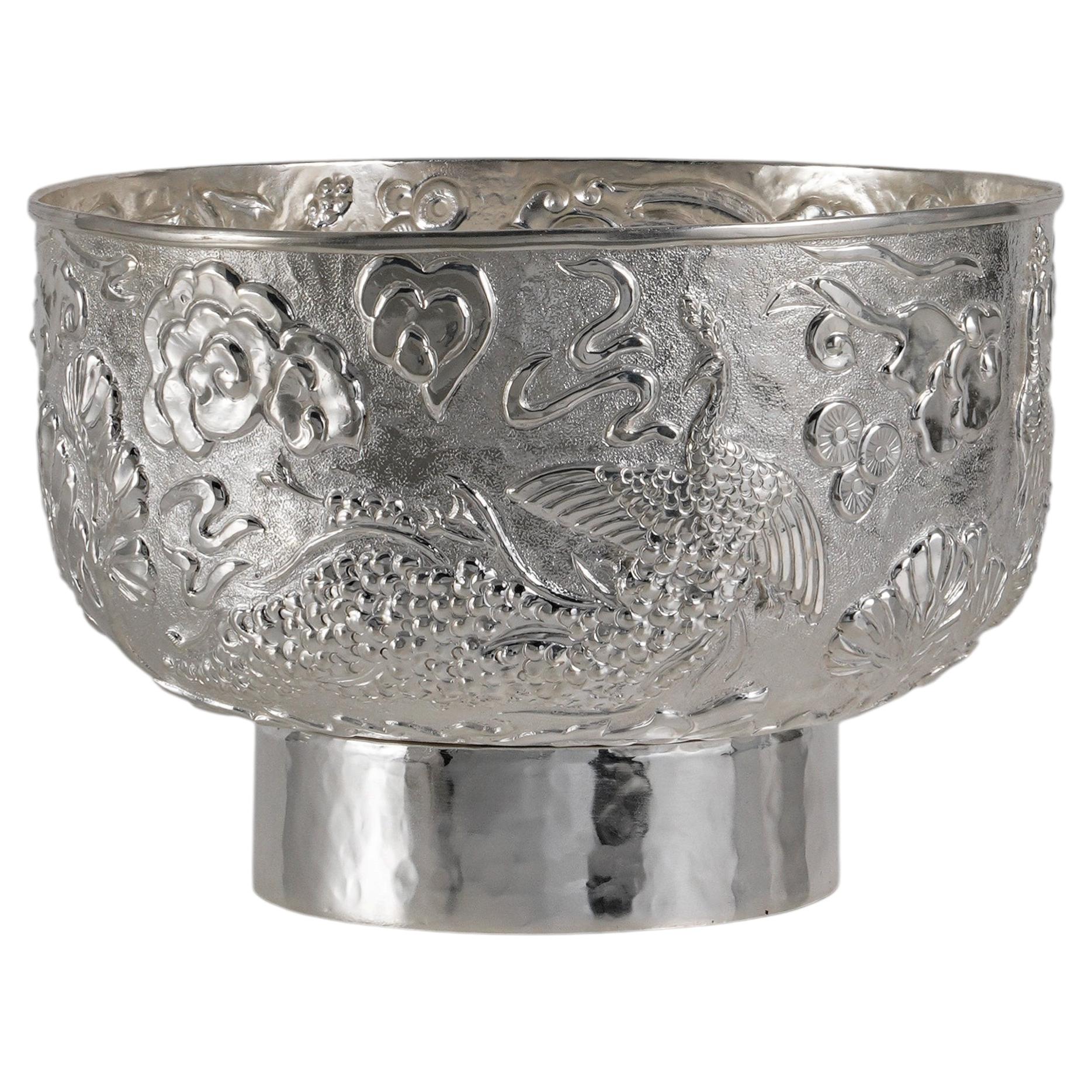 Peacock Paradise Silver Plated Serving Bowl Tall in Brass, Viya by Vikram Goyal For Sale