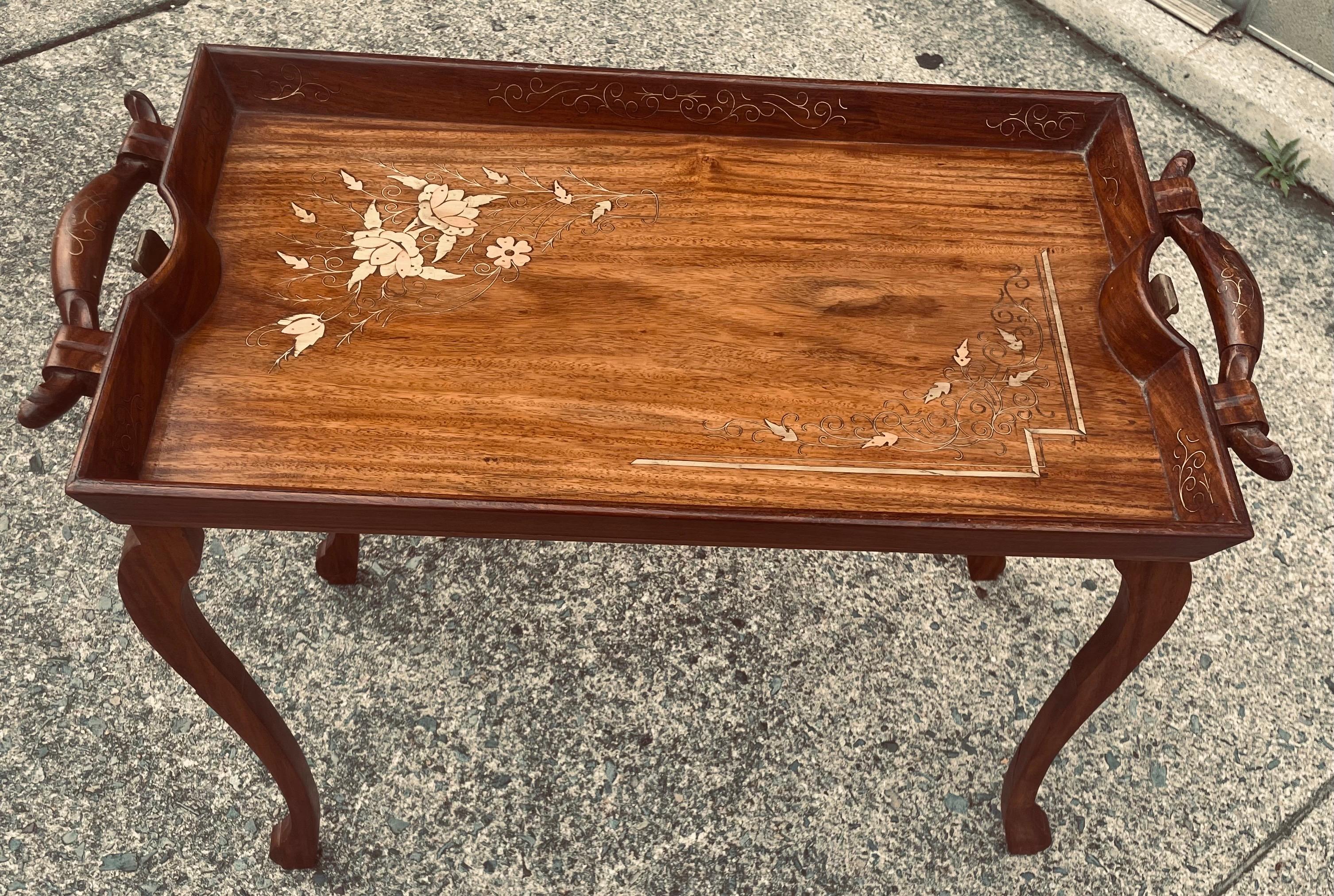Brass Anglo-Indian Folding Rosewood Tray/Butler's Table With Mixed Metal Inlay For Sale