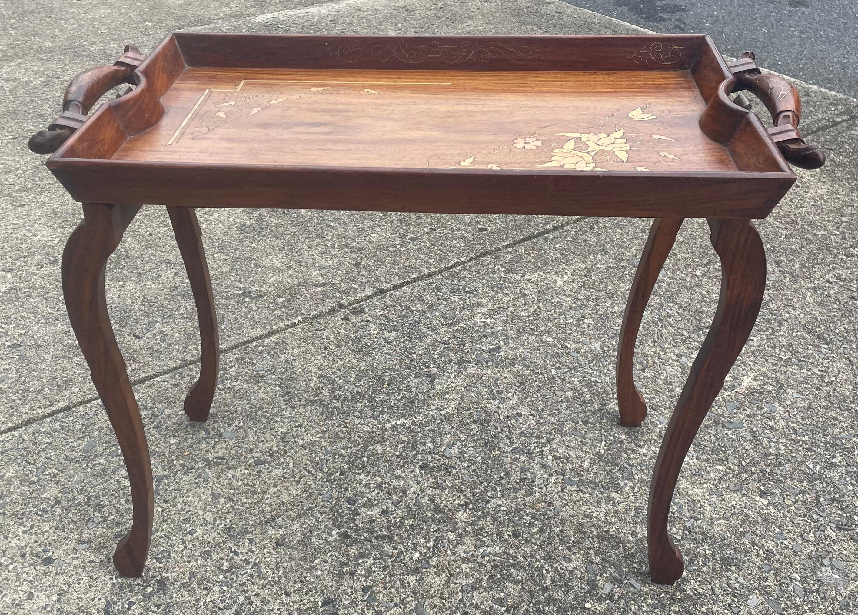 Carved Anglo-Indian Folding Rosewood Tray/Butler's Table With Mixed Metal Inlay For Sale