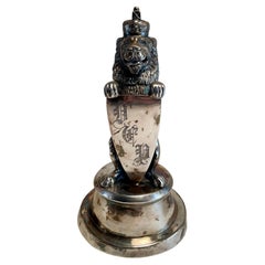 19th C English Silver Plate Figural Crown Lion Shield Ink Well Inkwell Holder