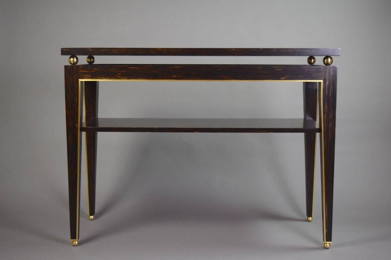 Contemporary Brass-Mounted Pair of Palmwood Console Tables by Gerard Ferretti For Sale