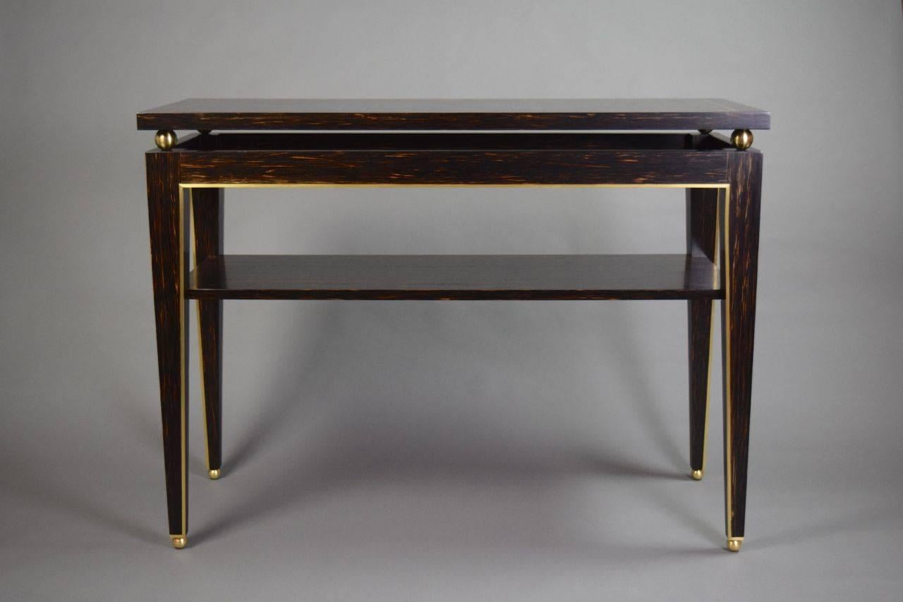 Brass-Mounted Pair of Palmwood Console Tables by Gerard Ferretti In Excellent Condition For Sale In New York, NY