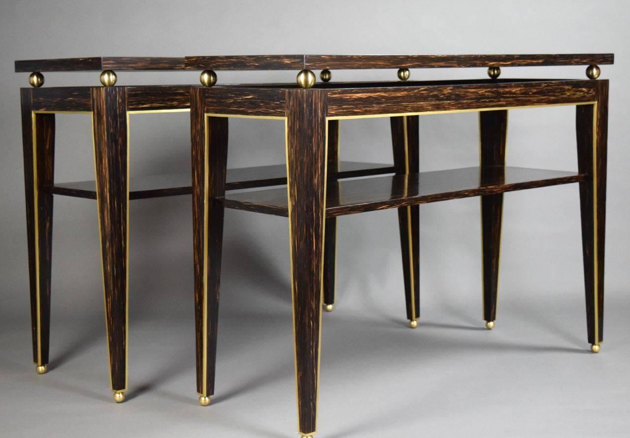Art Deco Brass-Mounted Pair of Palmwood Console Tables by Gerard Ferretti For Sale