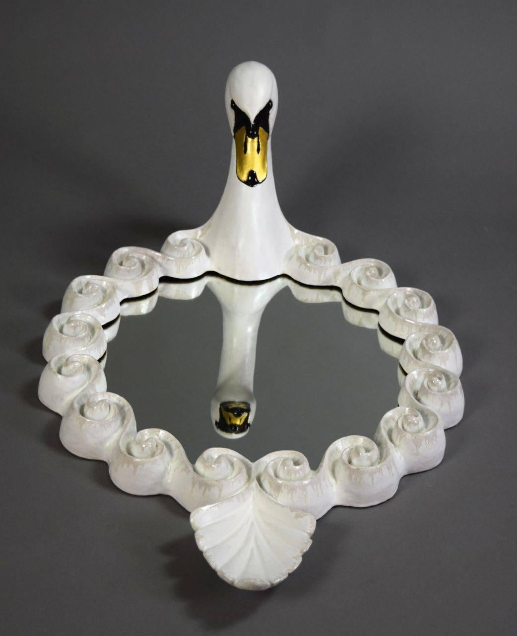 Pair of Glazed Stoneware Swan Mirrors by Gail Dooley For Sale 1