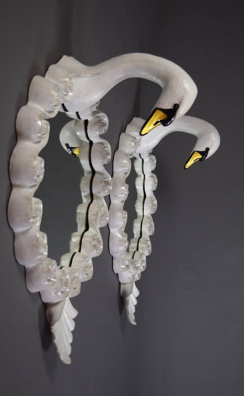 English Pair of Glazed Stoneware Swan Mirrors by Gail Dooley For Sale
