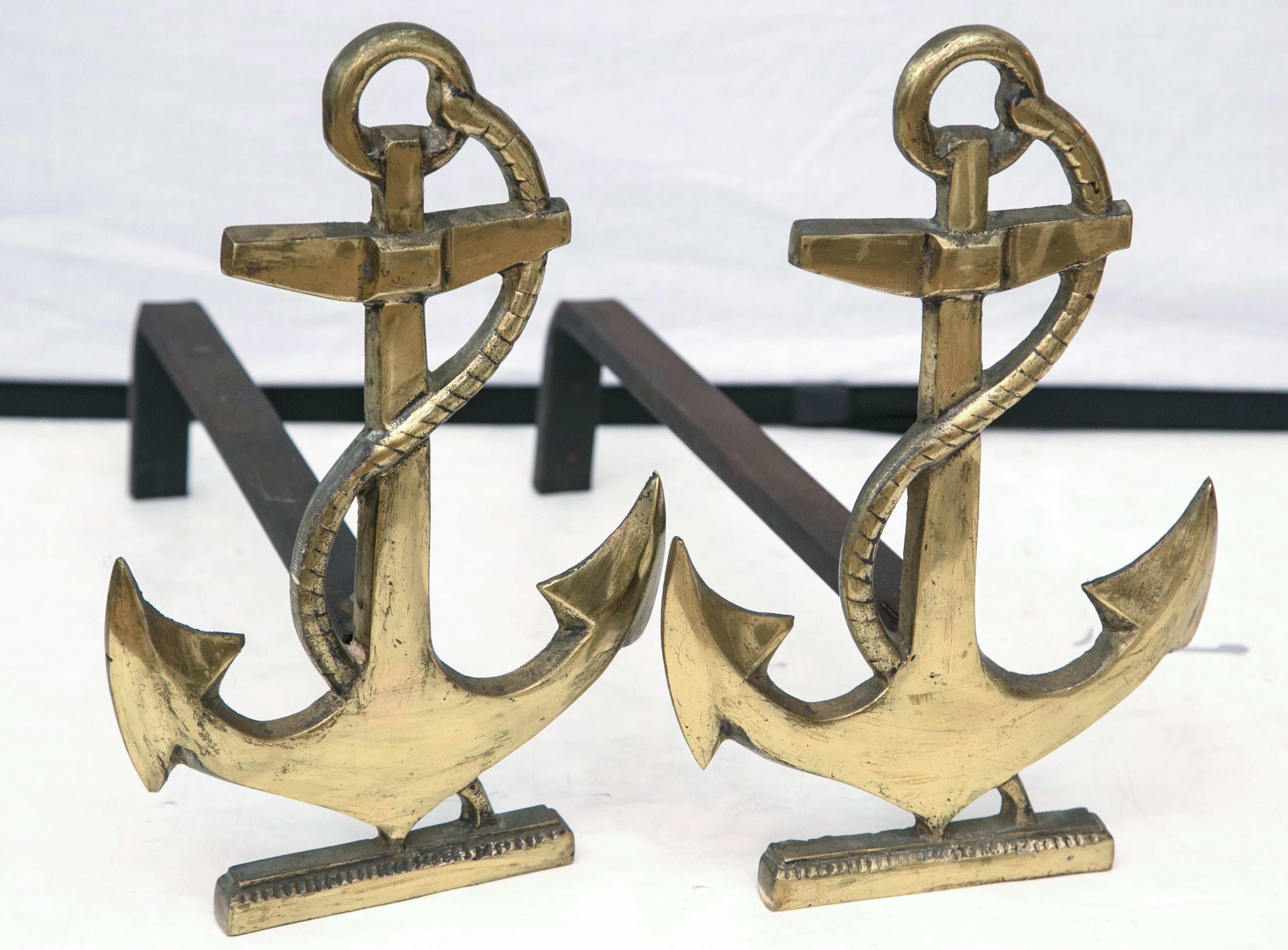 Set of Vintage French Nautical Themed Brass Andirons