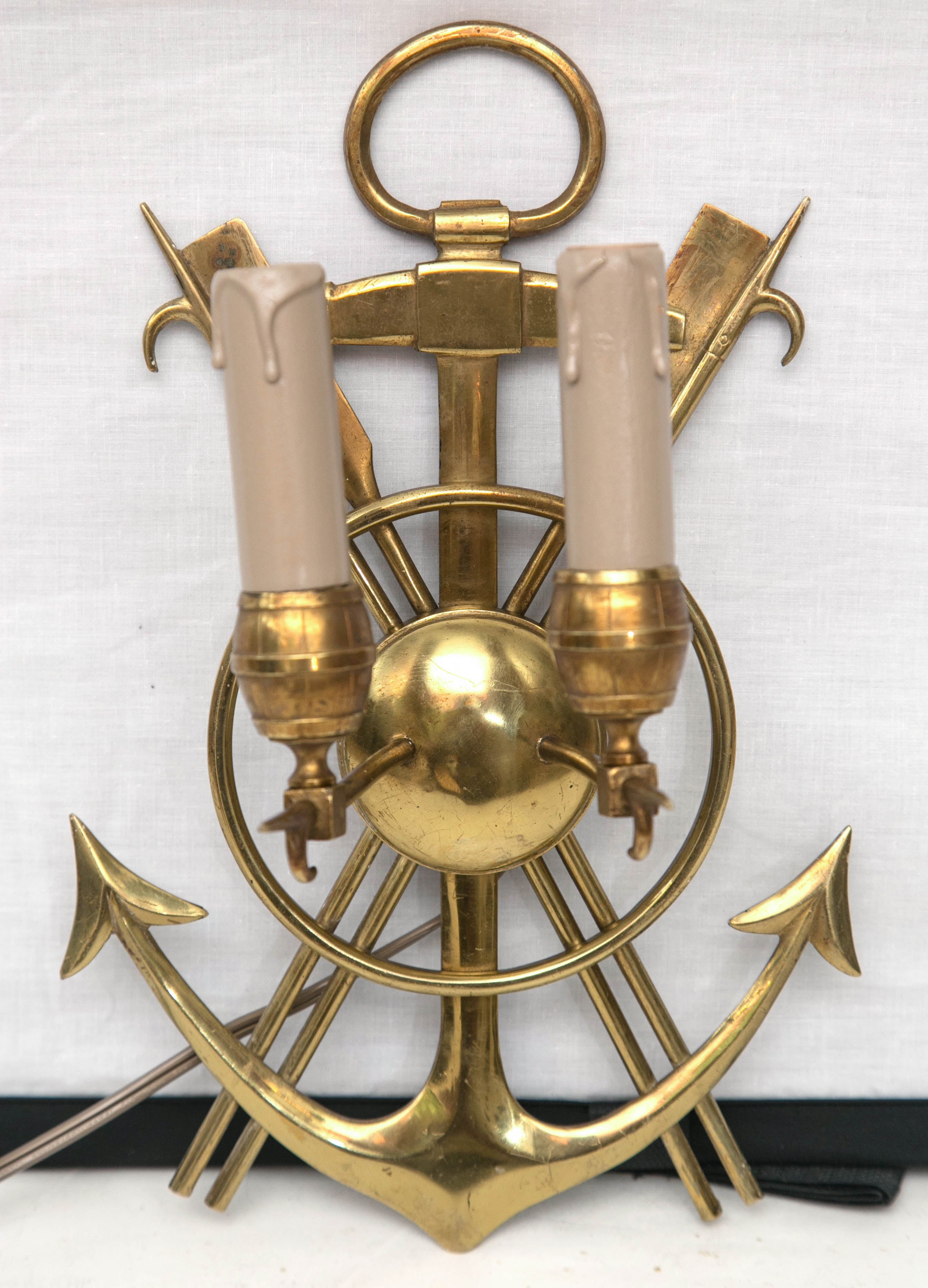 Pair of Vintage French Solid Brass Nautical Design Wall Lights
