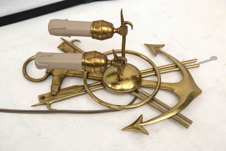 Pair of Vintage French Solid Brass Nautical Design Wall Lights In Excellent Condition In Mt Kisco, NY