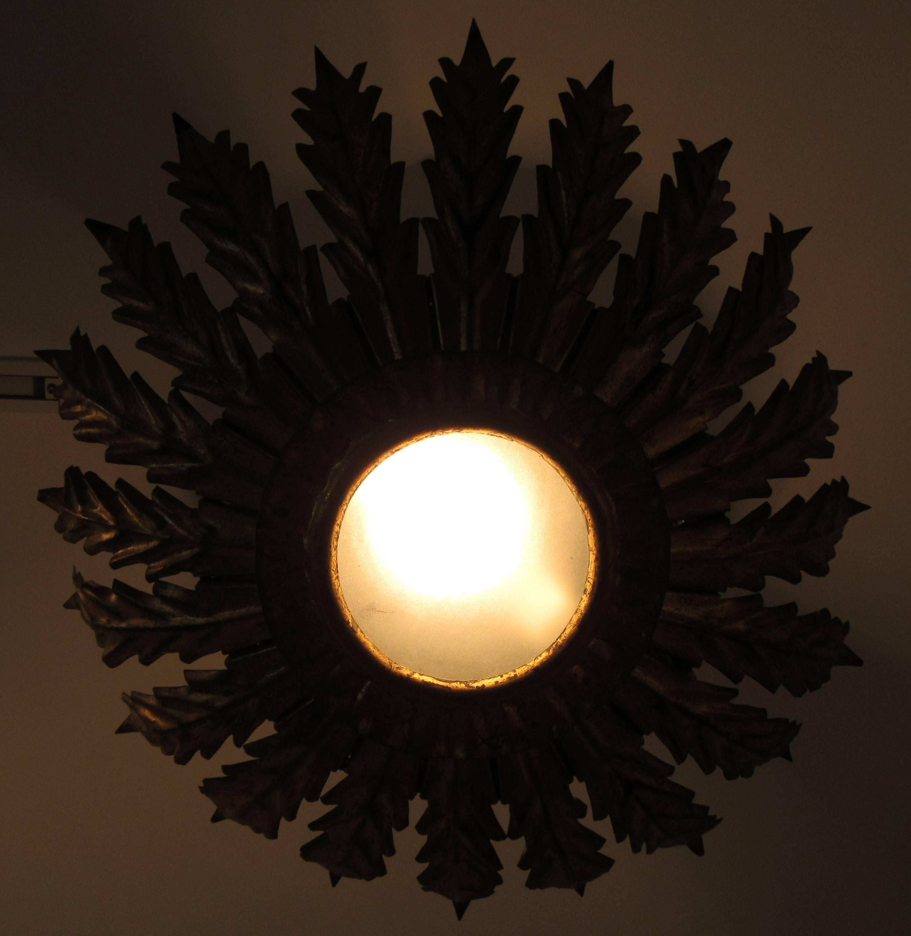 French Gilt Metal Sunburst Ceiling Light In Excellent Condition In Mt Kisco, NY