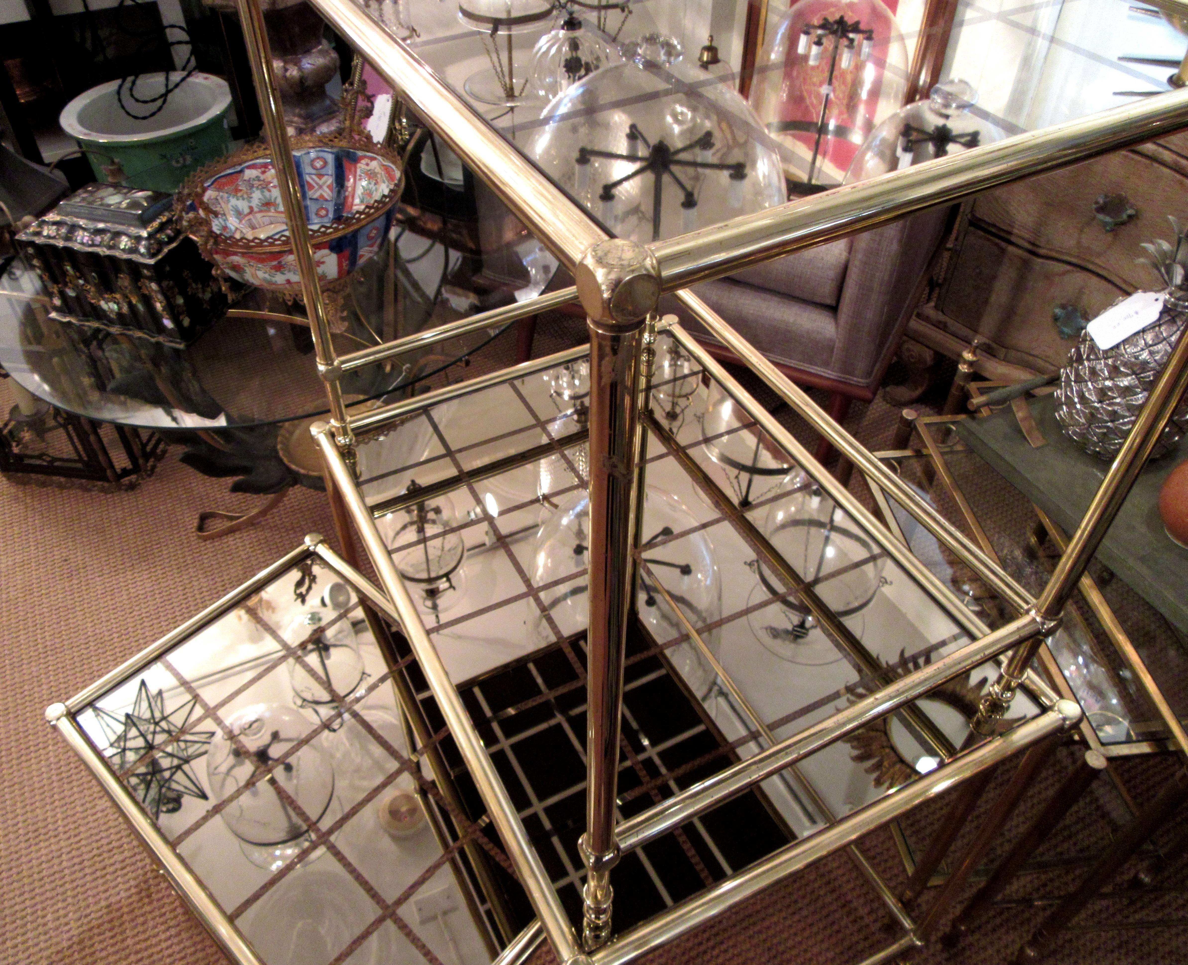 Modern French Brass Nesting Tables with Amber Mirrored Grid Design Glass