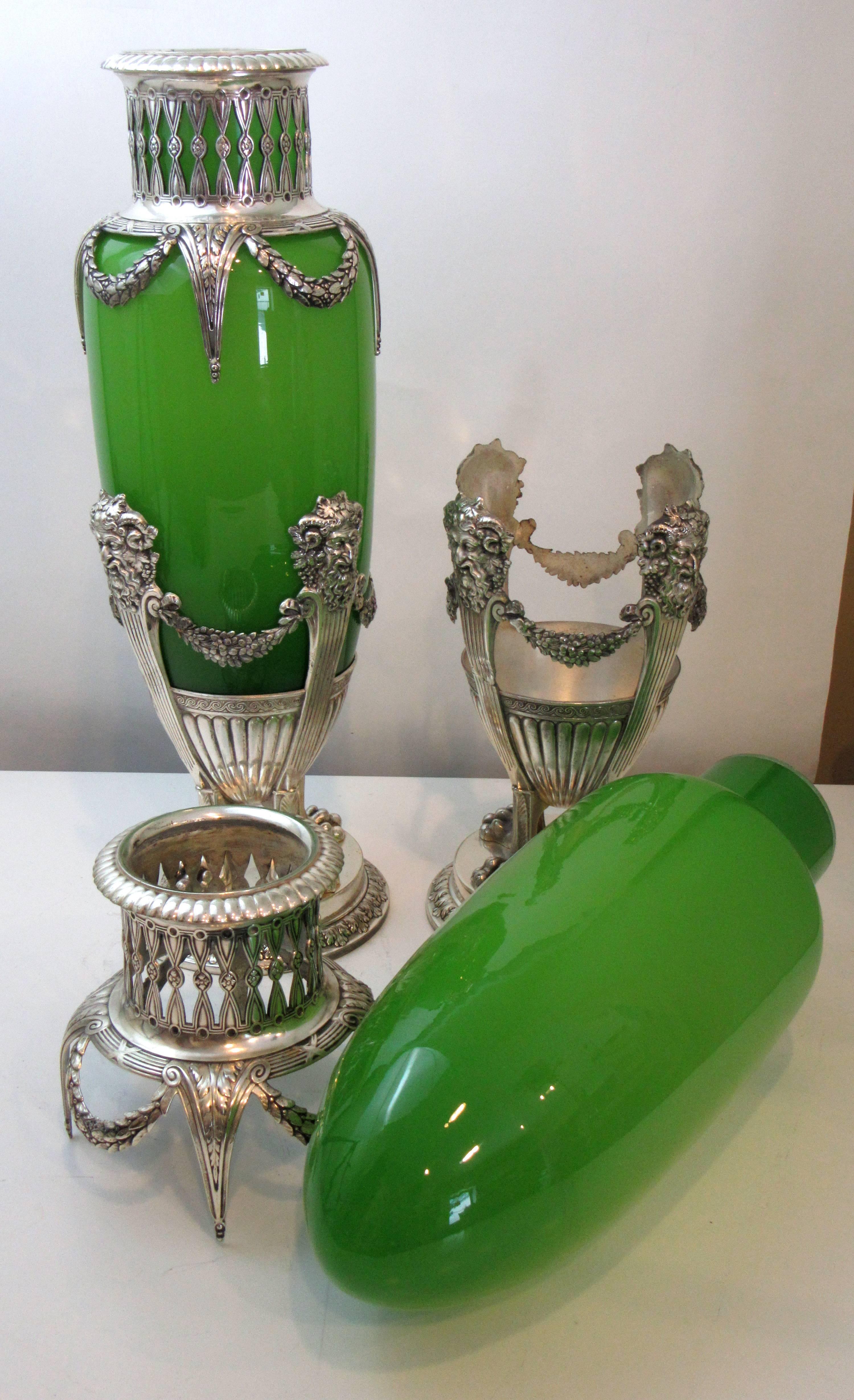 Neoclassical Pair of French Opaline Glass and Silver Mounted Vases