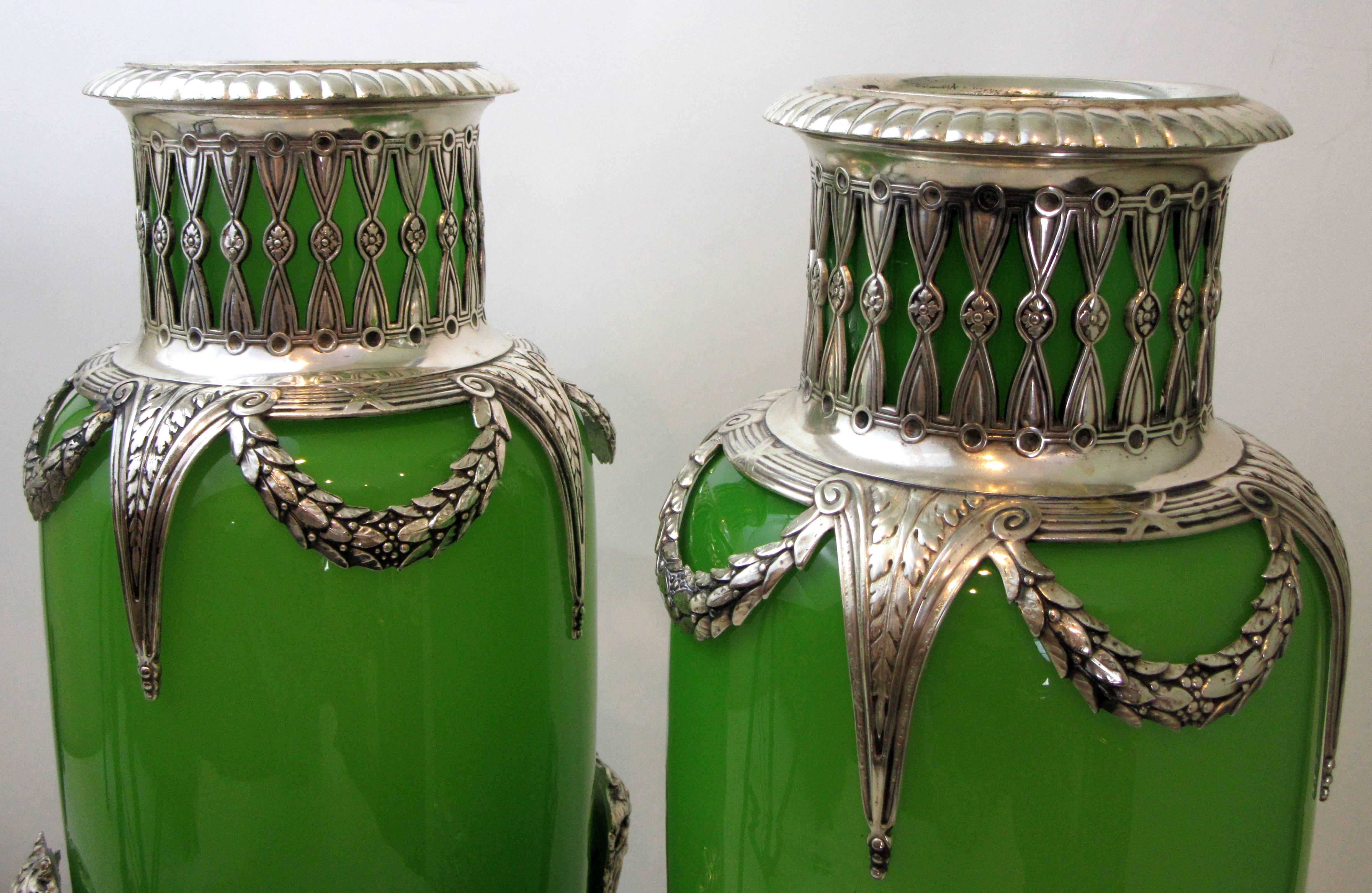 Pair of French Opaline Glass and Silver Mounted Vases In Good Condition In Mt Kisco, NY