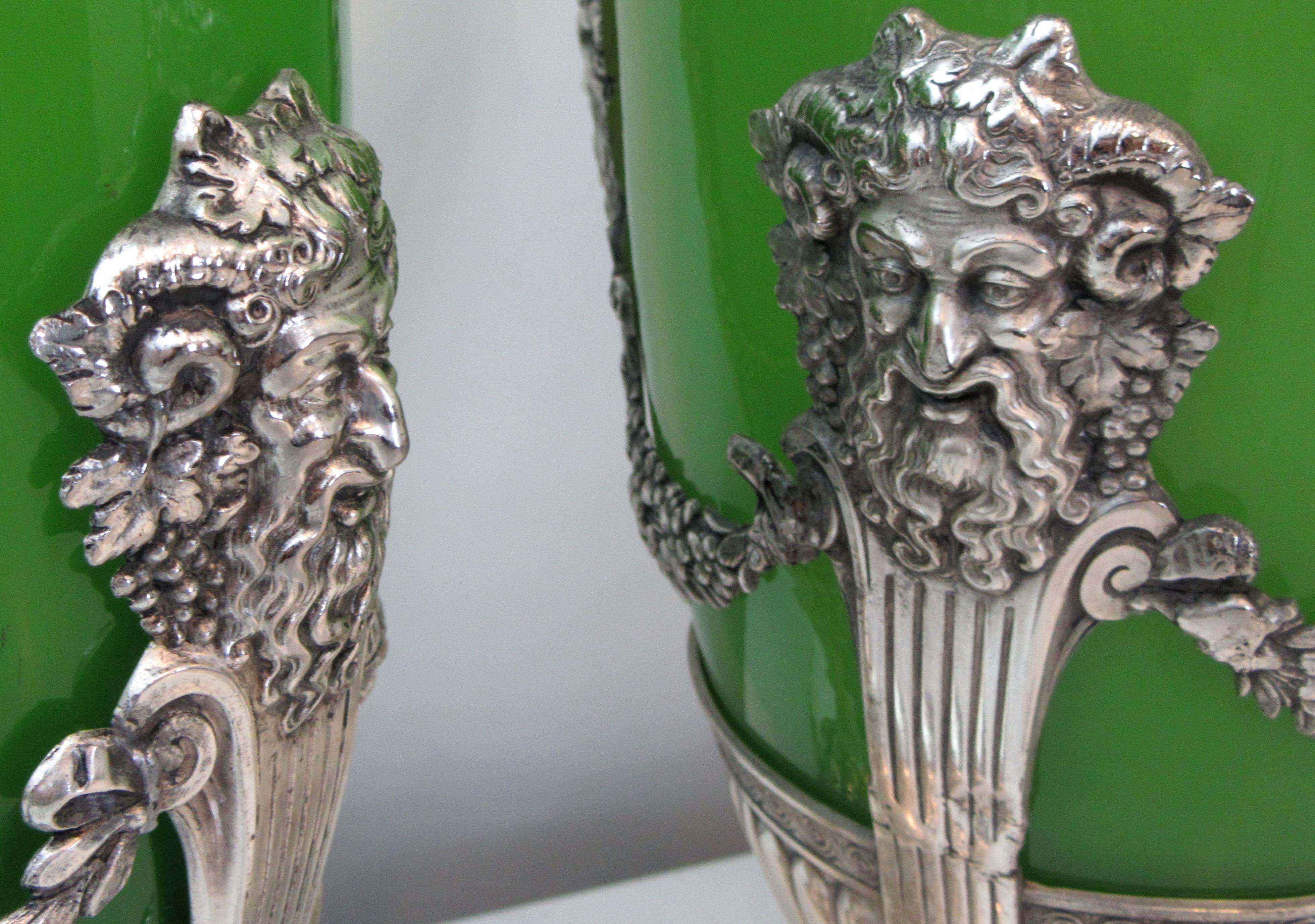 Early 20th Century Pair of French Opaline Glass and Silver Mounted Vases