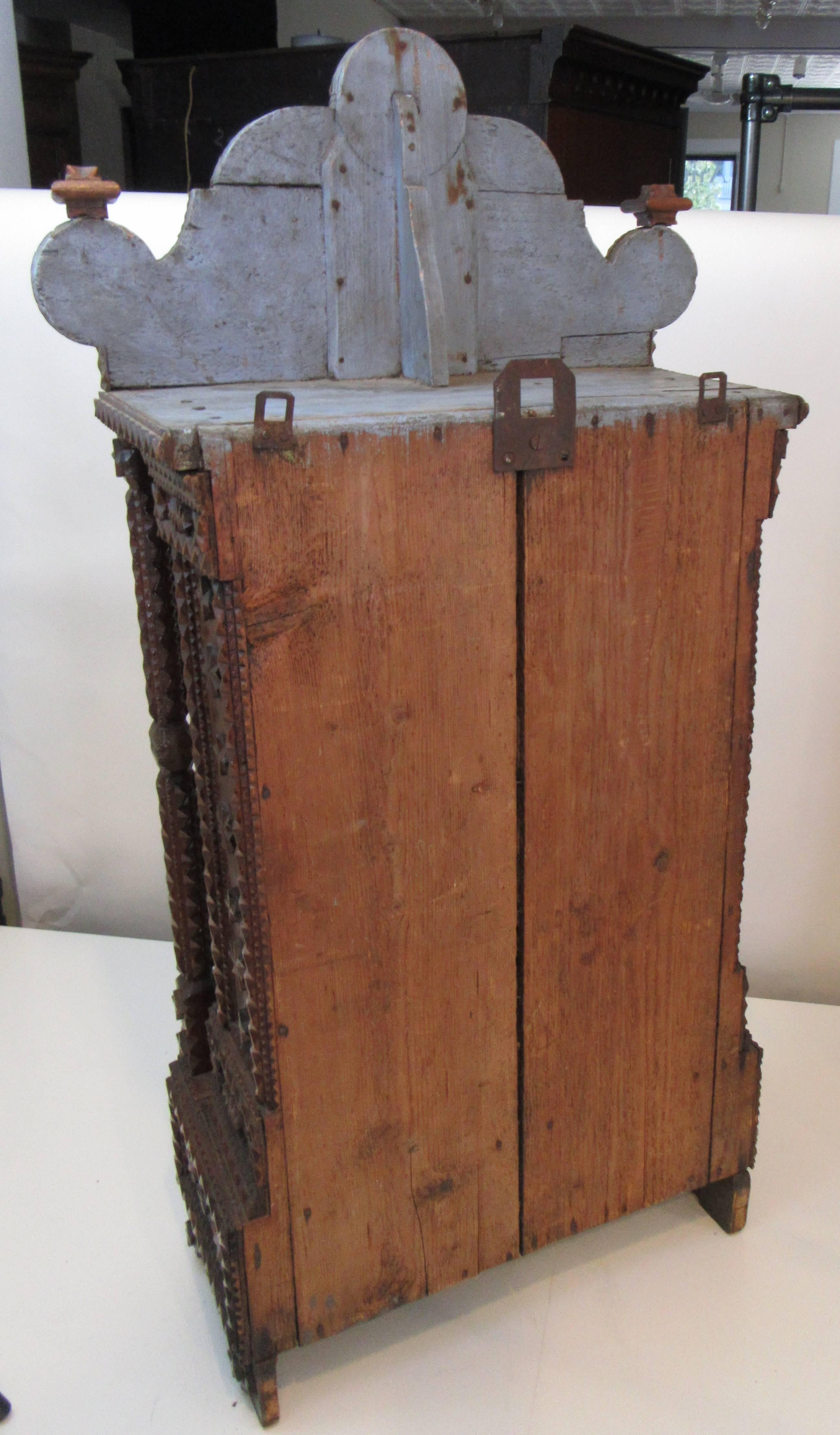 19th Century Exceptional Tramp Art Mirrored Wall Cabinet