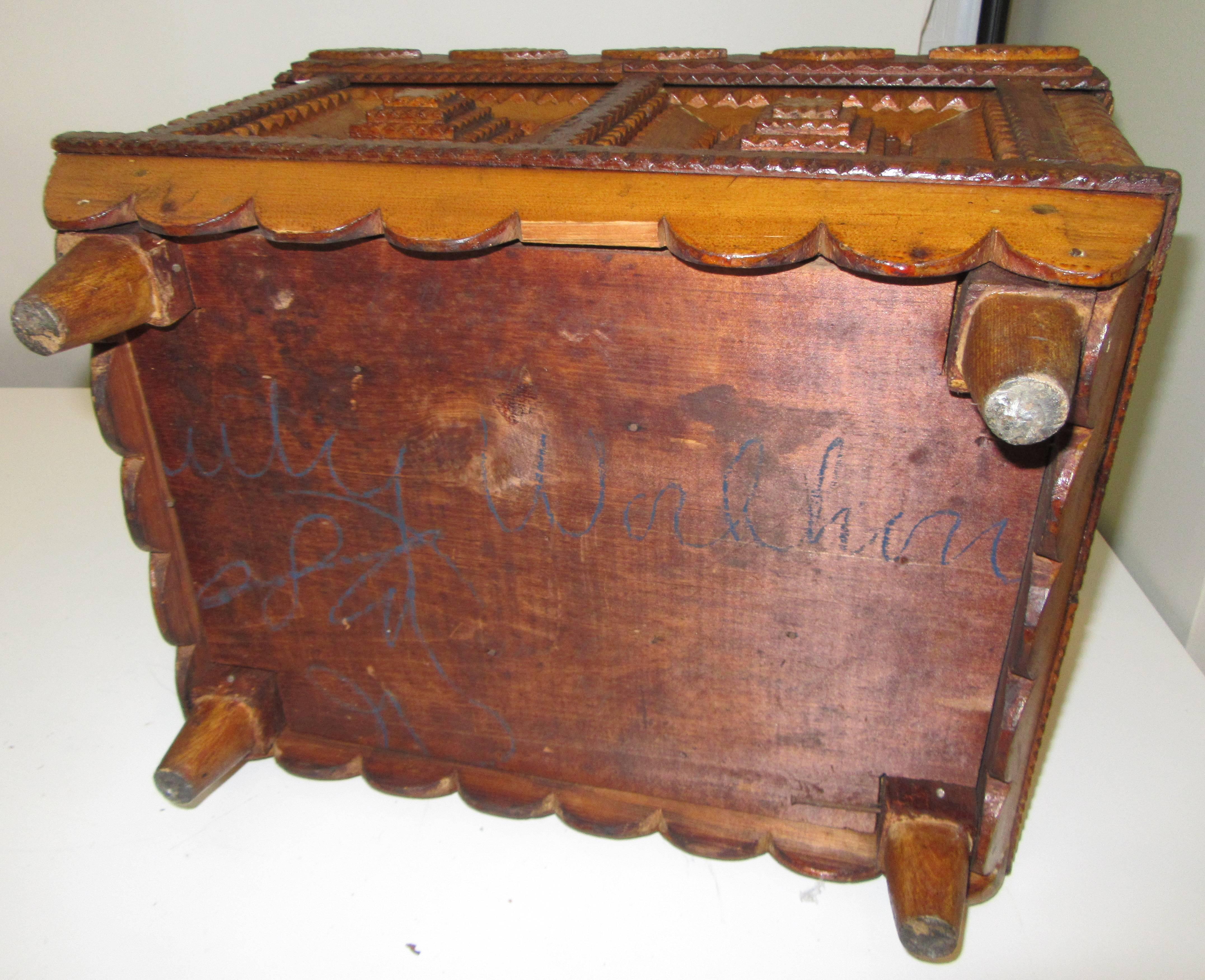 Folk Art Large Tramp Art Hinge Lid Box For Sale