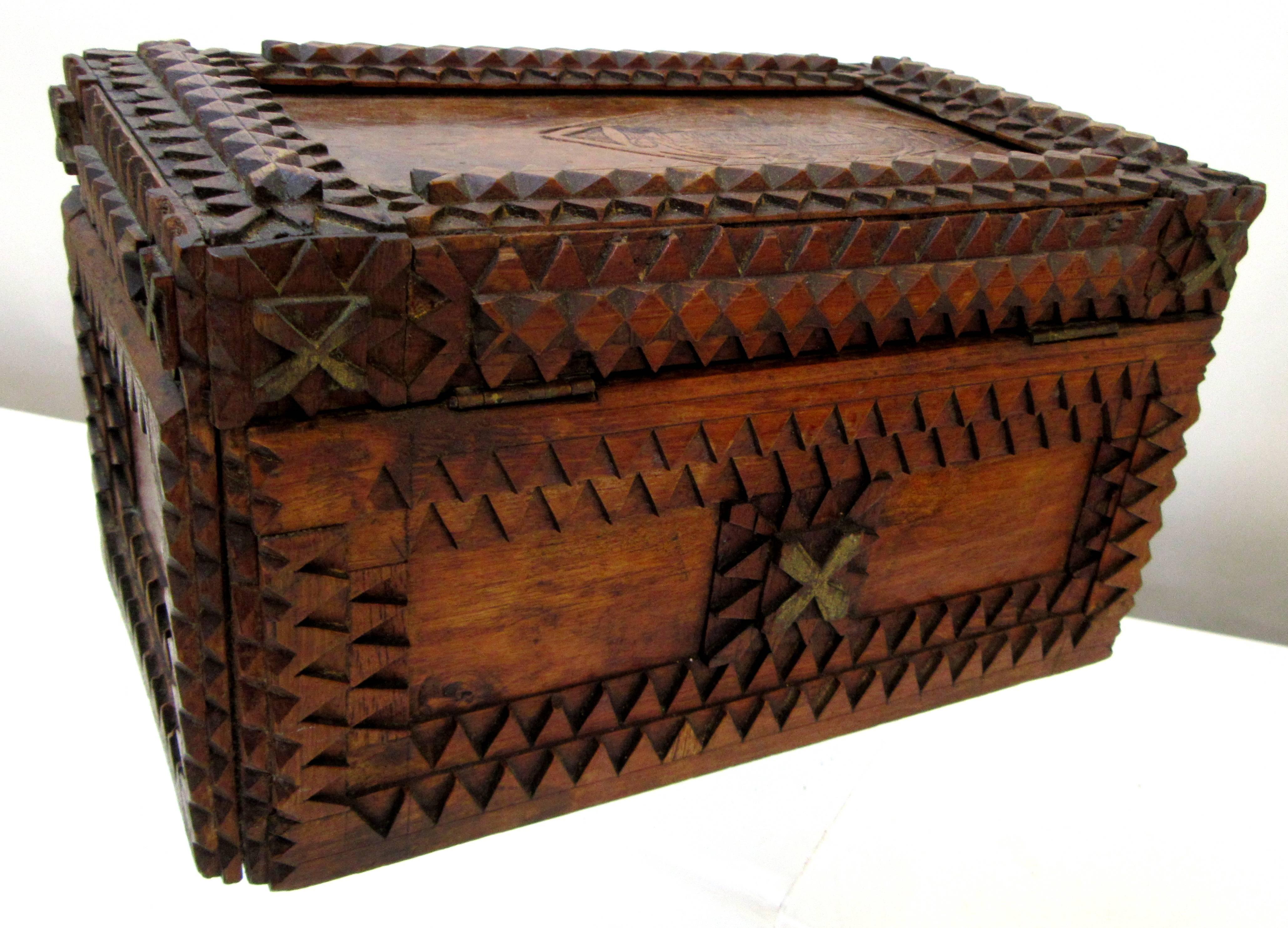 Carved Tramp Art Box with Historical Advertising Art