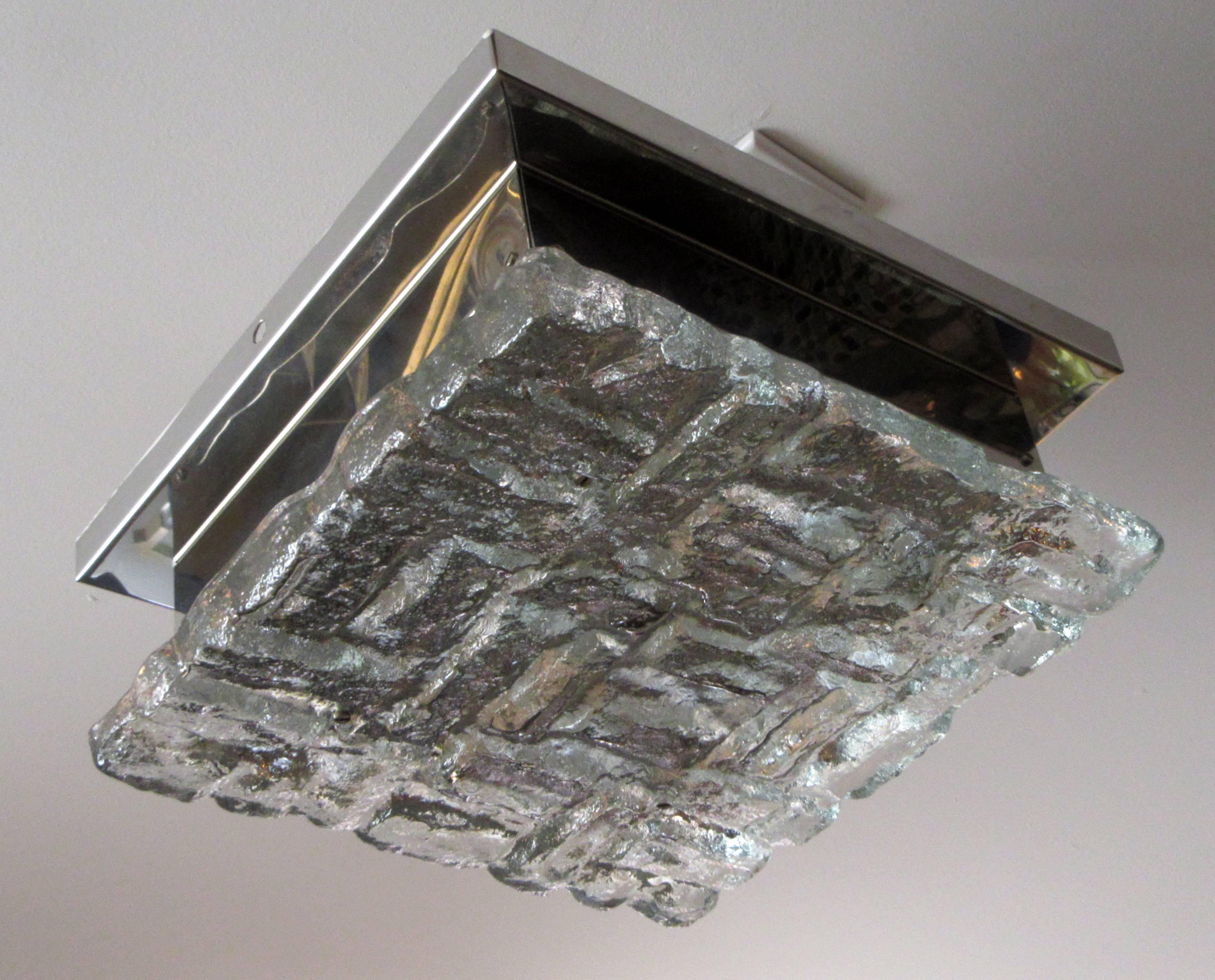 Moderne Plafonnier encastré carré « Ice » en verre et chrome en vente