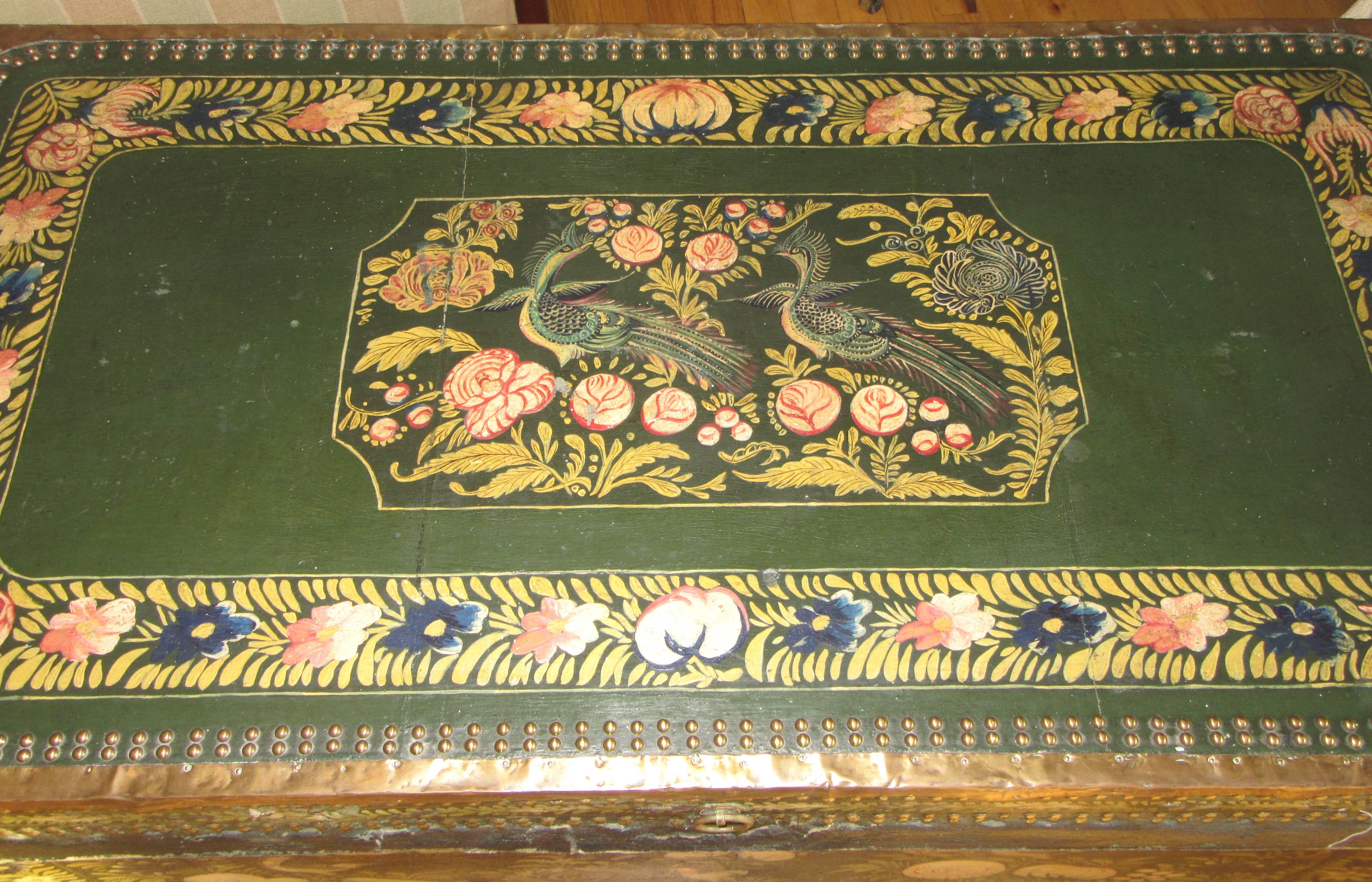 Large Hand-Painted Leather and Camphor Wood Chinese Export Trunk In Excellent Condition In Mt Kisco, NY