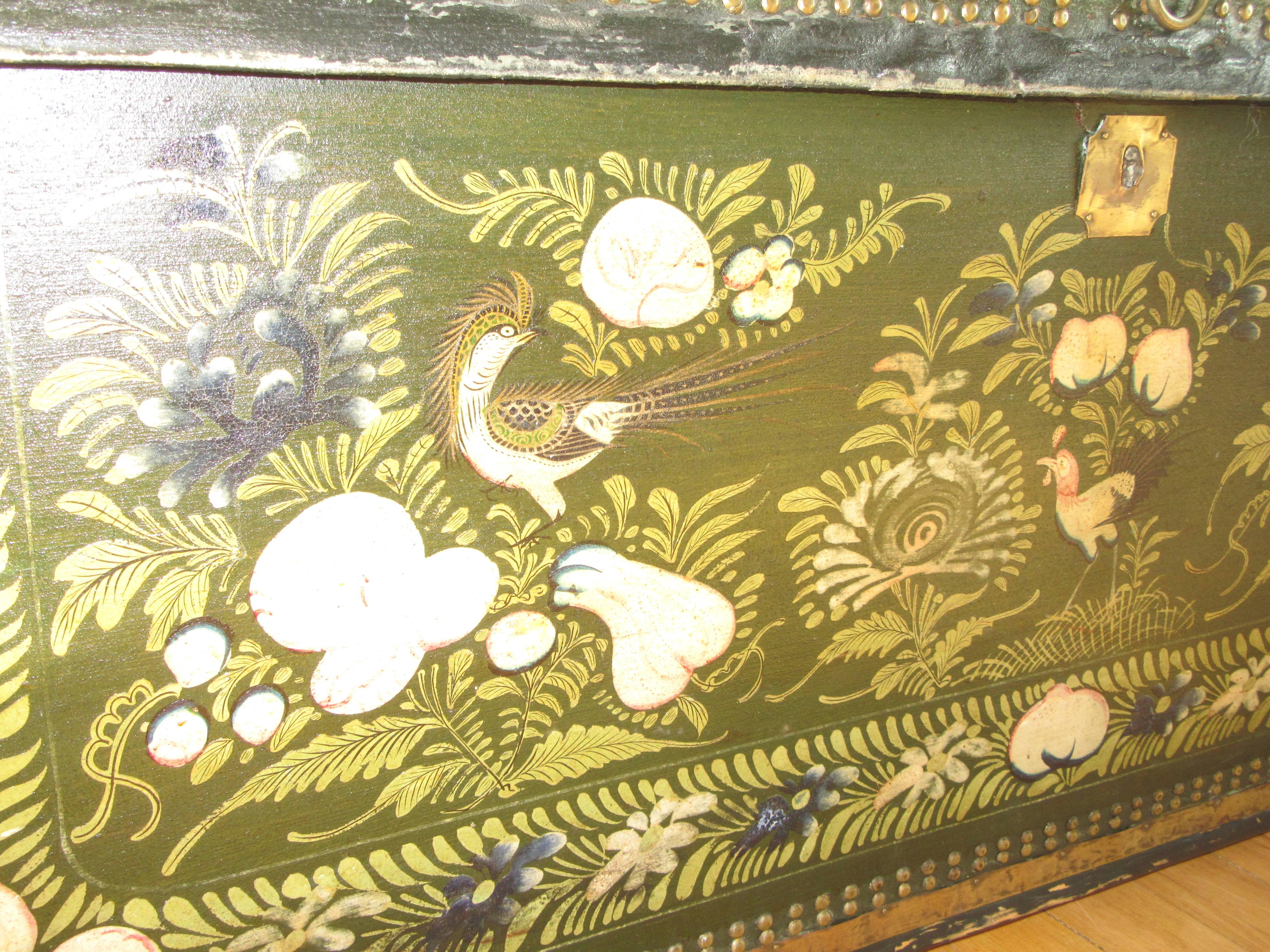 19th Century Large Hand-Painted Leather and Camphor Wood Chinese Export Trunk
