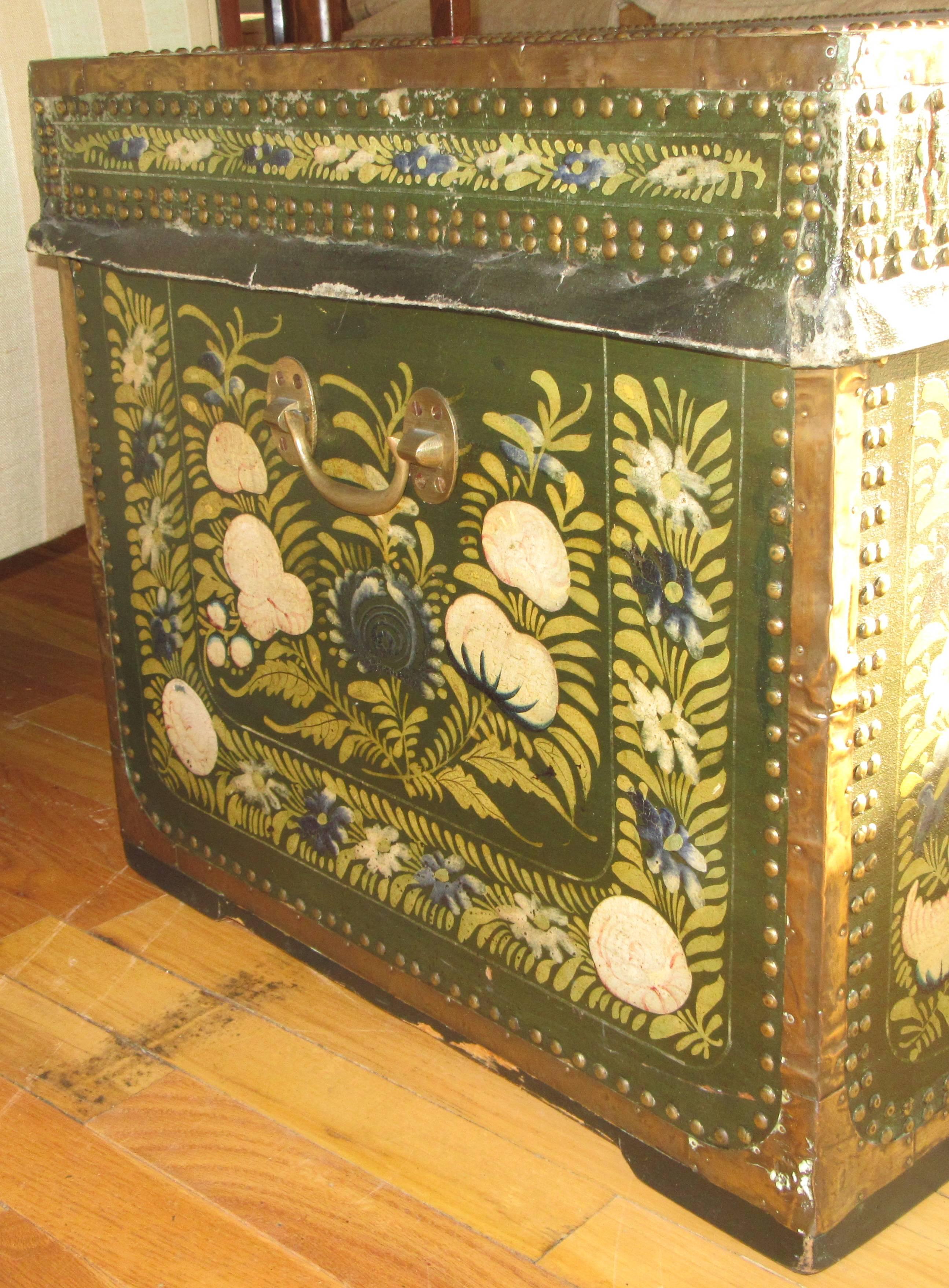 Large Hand-Painted Leather and Camphor Wood Chinese Export Trunk 1