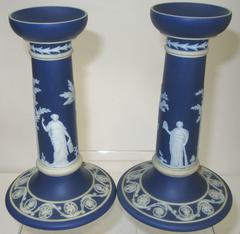 Pair of Dark Blue Wedgwood Jasperware Candlesticks