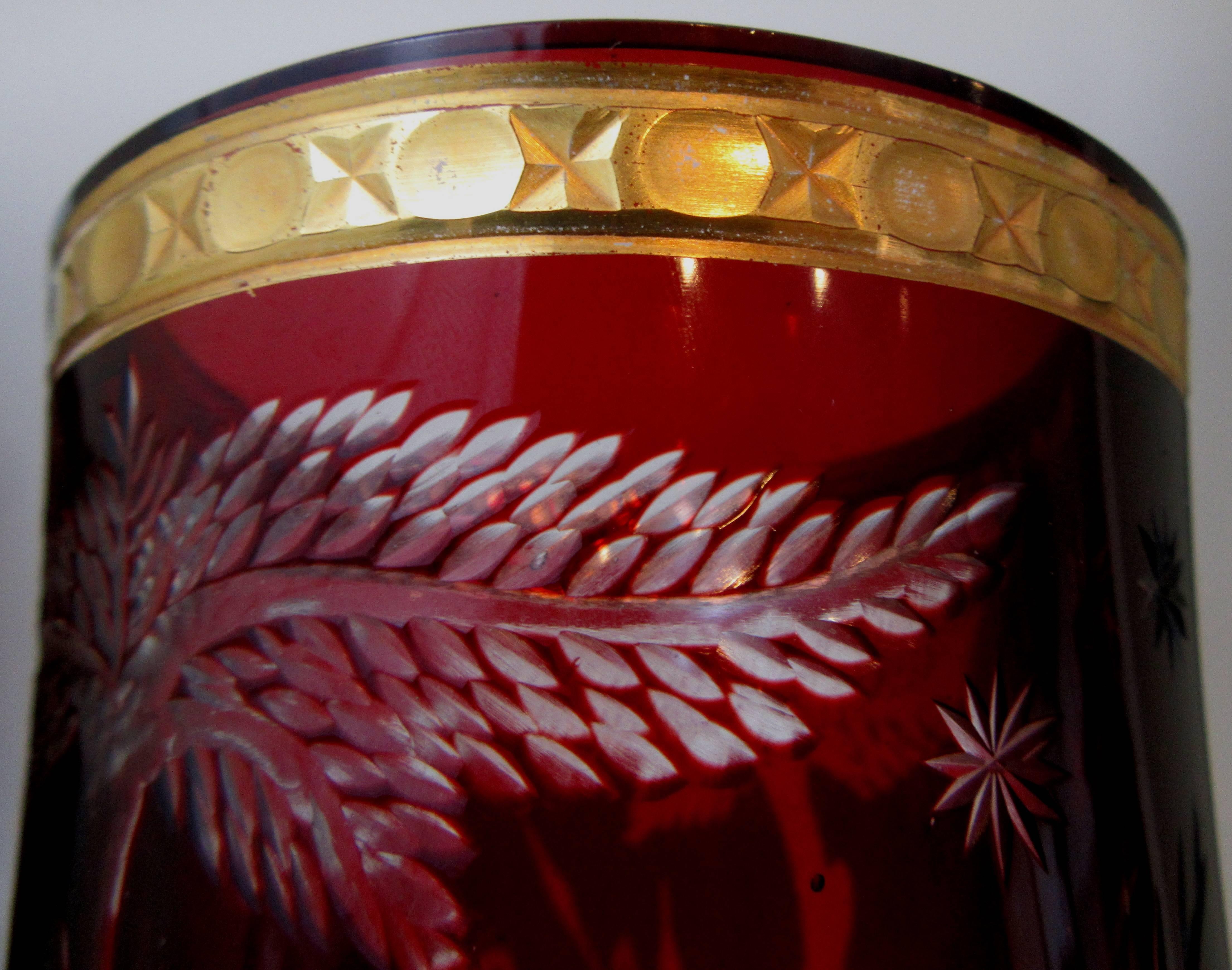 Bohemian Group of Three Large Ruby Red Bohemain Glass Goblets