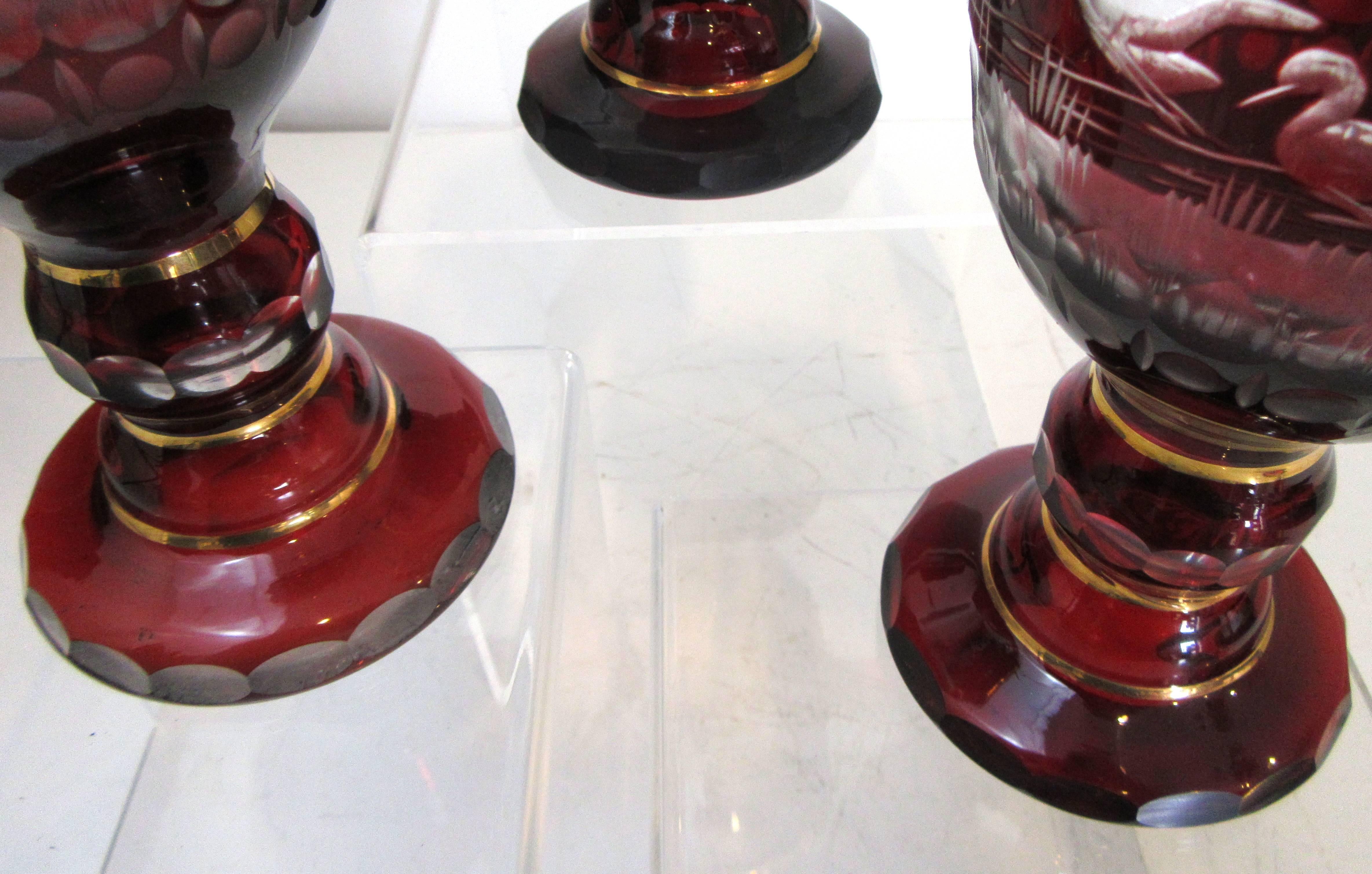 Group of Three Large Ruby Red Bohemain Glass Goblets In Excellent Condition In Mt Kisco, NY