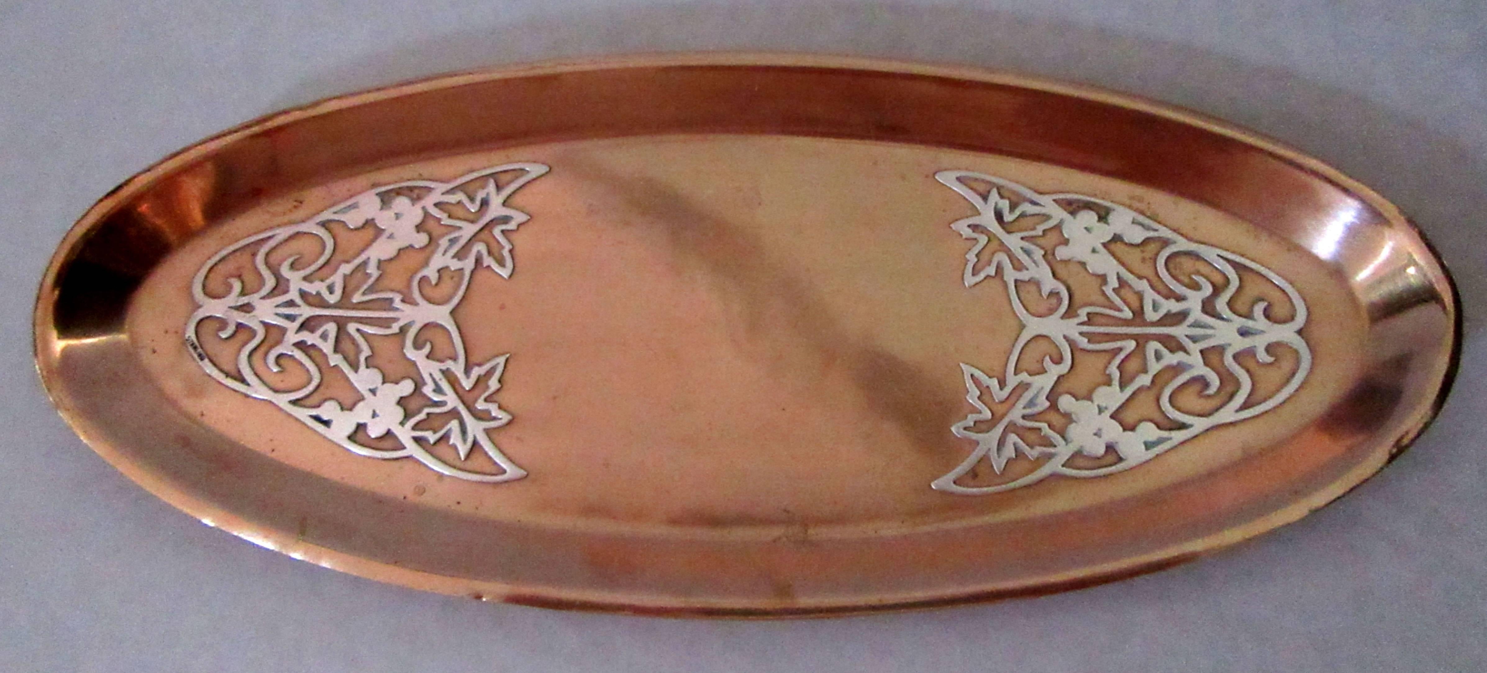 Sterling over Copper Early 20th Century Arts and Crafts Inkwell and Tray In Good Condition In Mt Kisco, NY