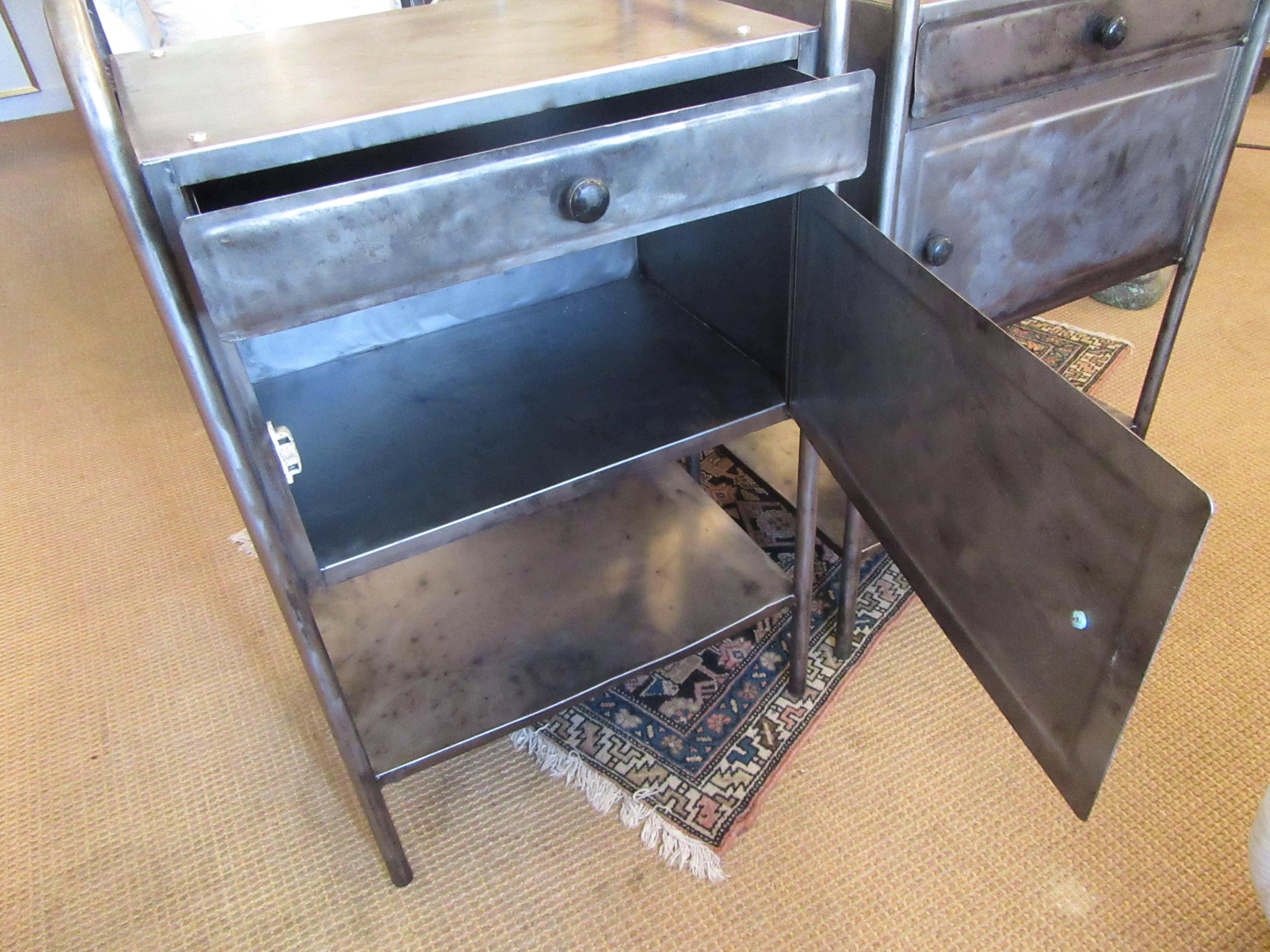 Pair of Vintage French Industrial Steel Nightstands or Side Tables In Excellent Condition In Mt Kisco, NY