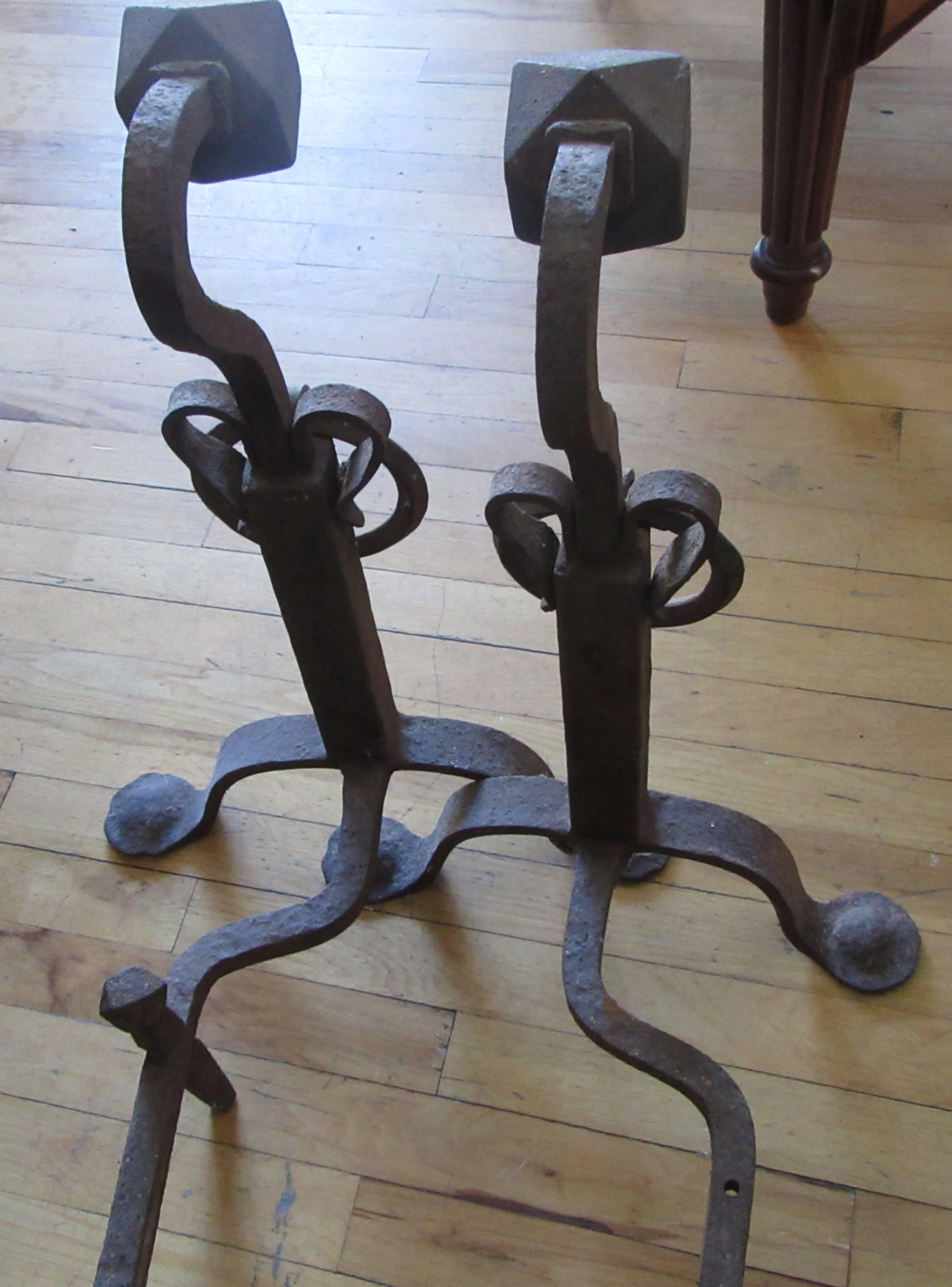 American Gothic Hand-Forged Iron Andirons For Sale