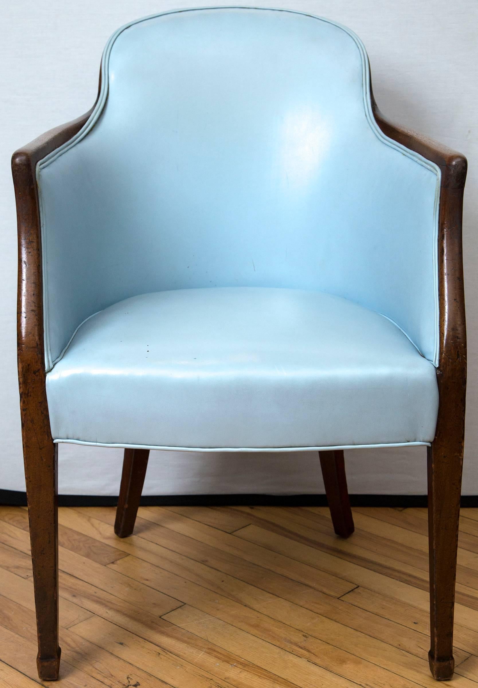 A late 18th century English mahogany tub chair upholstered in blue leather. Receipt of purchase from Florian Papp in 1964 available.