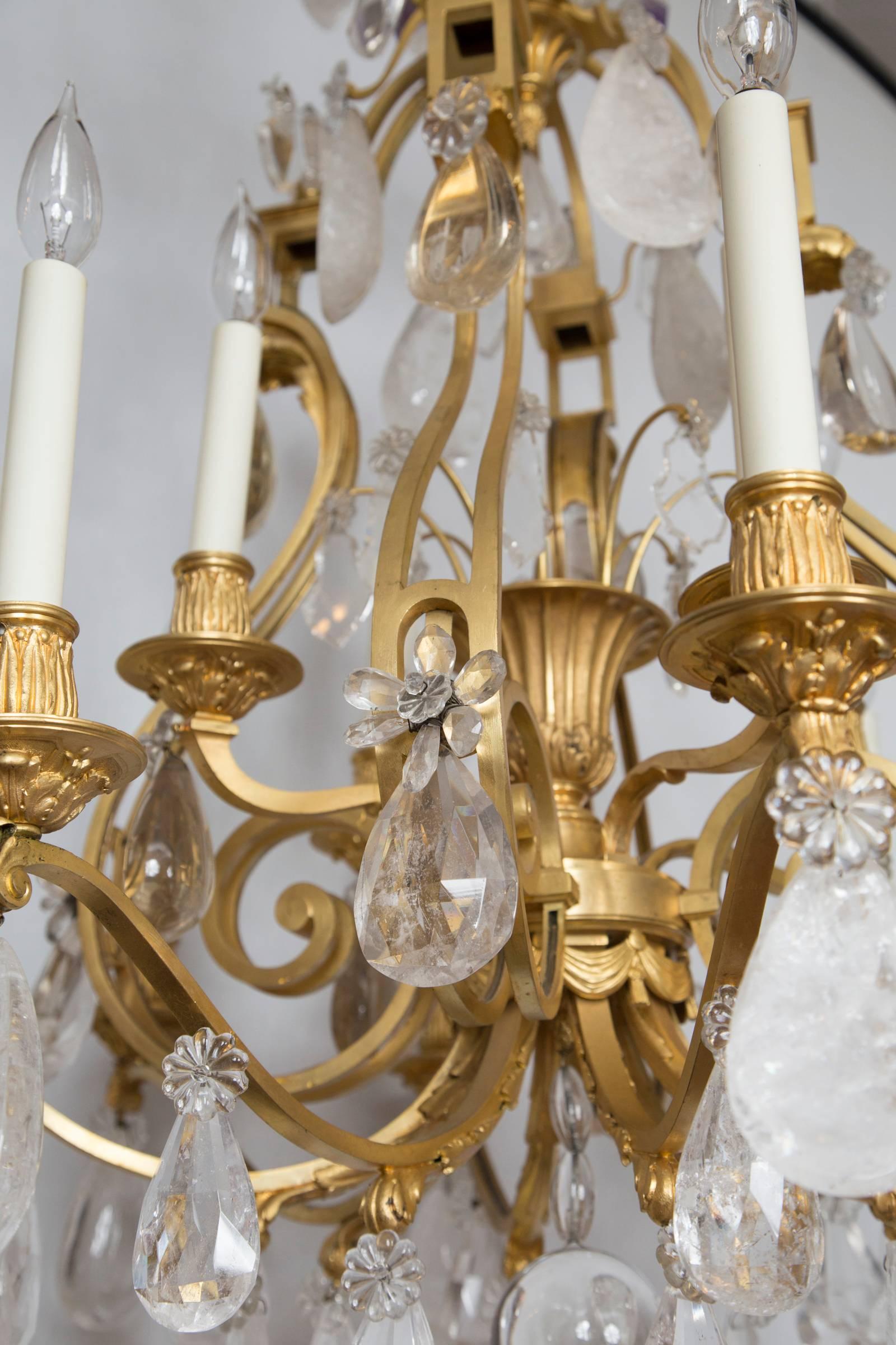 20th Century French Rock Crystal and Gilt Bronze Twelve-Light Chandelier