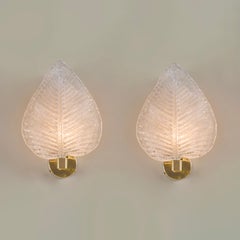Pair of Italian Murano Textured Leaf Wall Lights with brass backplate