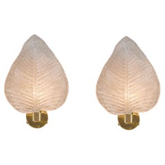 Pair of Italian Murano Textured Leaf Wall Lights with brass backplate