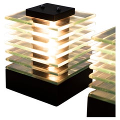 Paire de Top-Lights en verre des années 1980 avec base et couvercle en bois