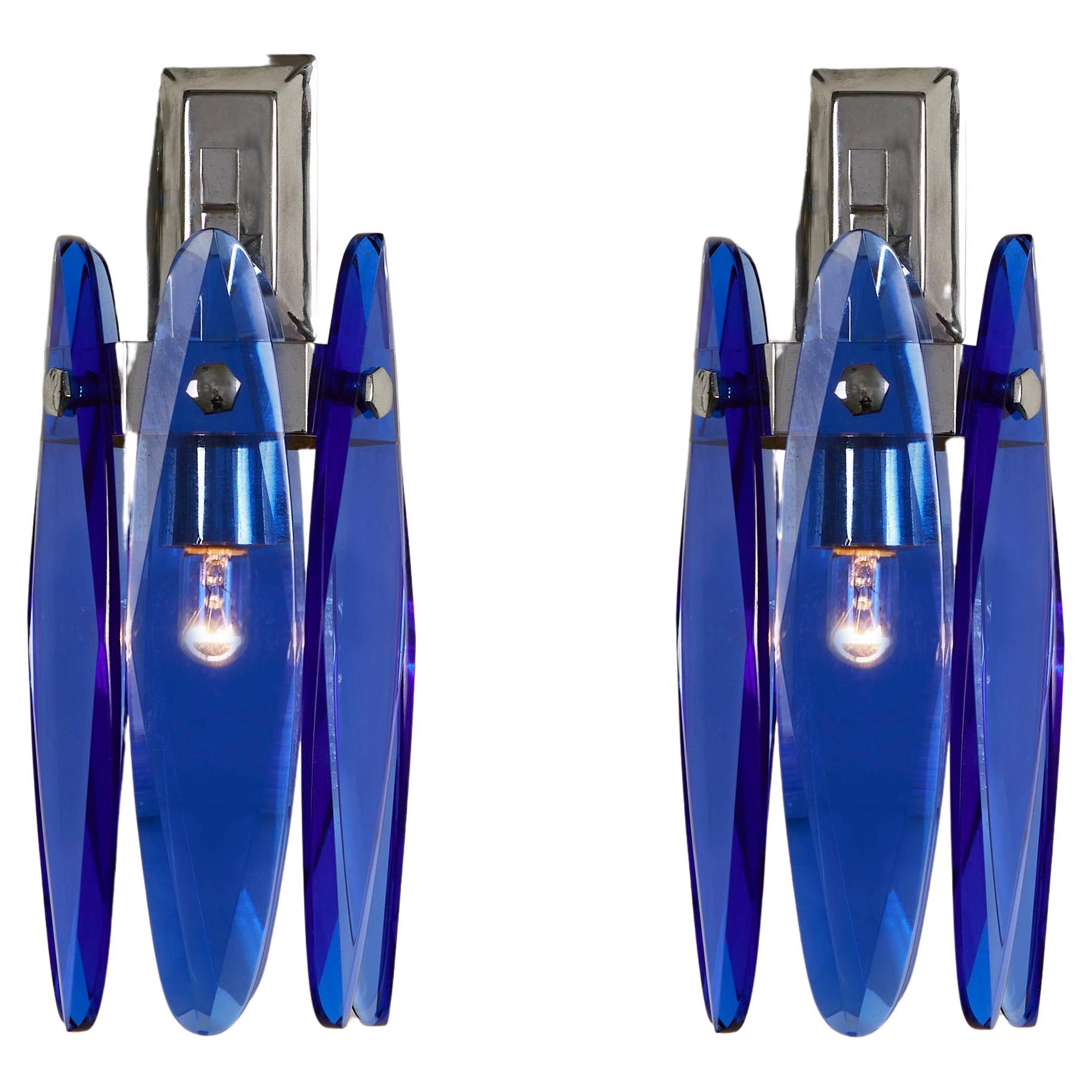 Pair of Murano sconces by Veca Milano in Cobalt blue and chrome, Italy, 1970s