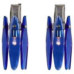 Pair of Murano sconces by Veca Milano in Cobalt blue and chrome, Italy, 1970s