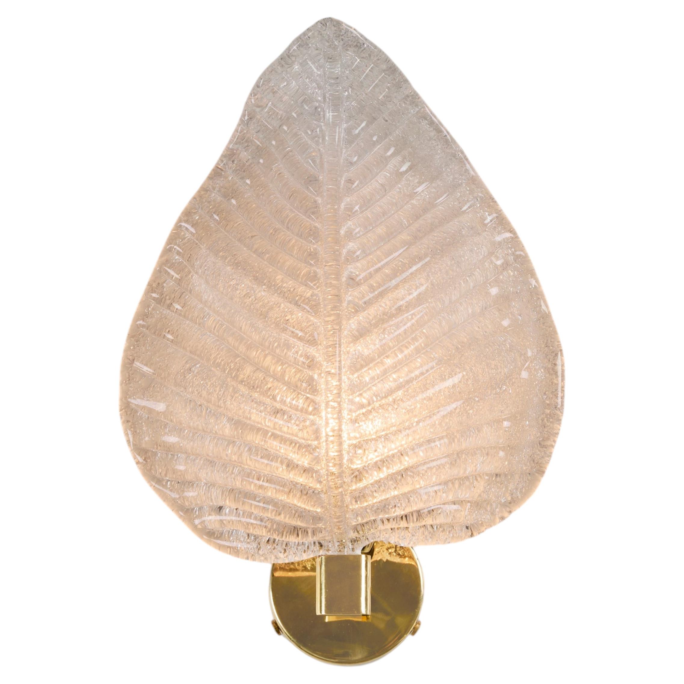 Single Italian Murano Textured Leaf Wall Lights with brass backplate For Sale