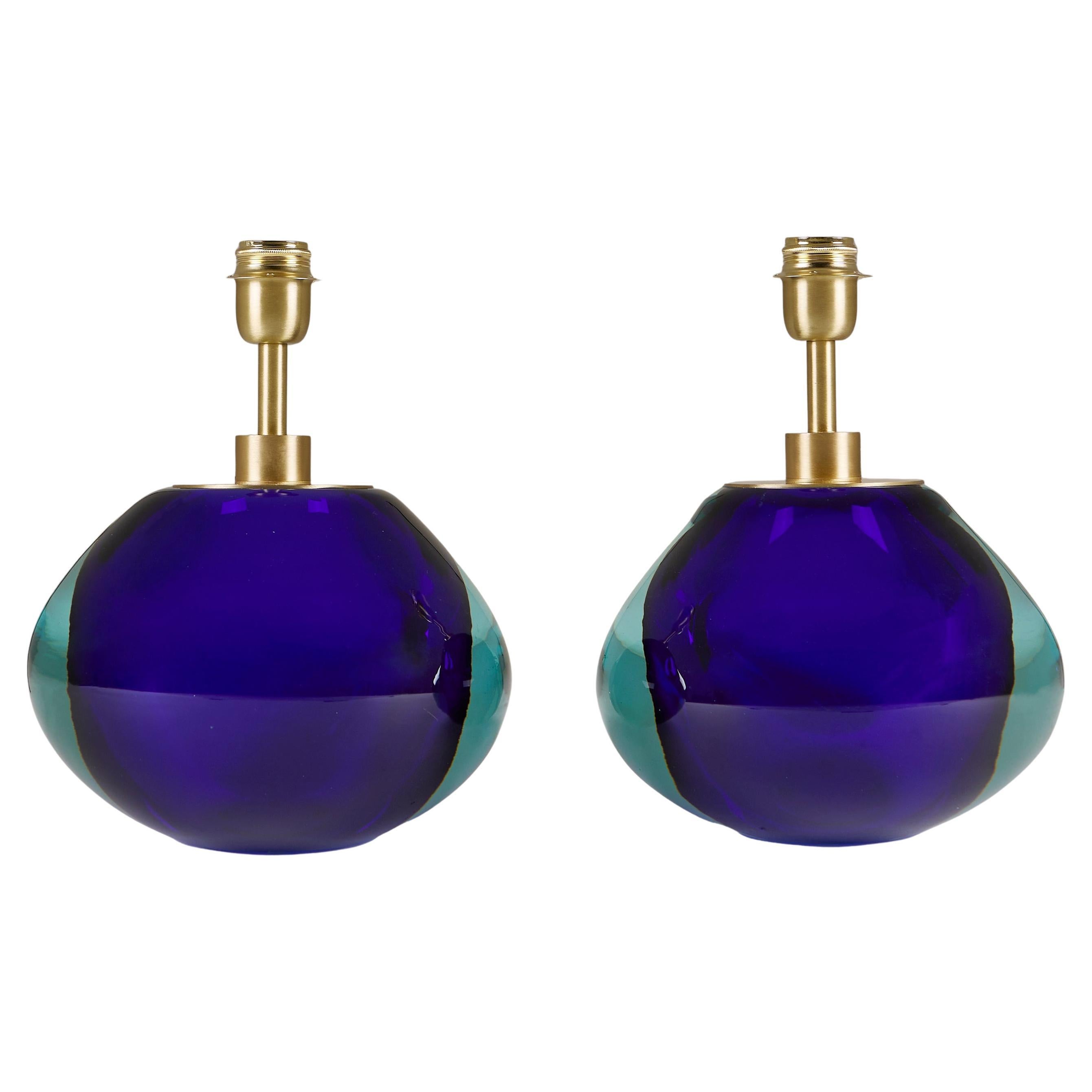 Pair of Italian handblown Sommerso blue and aqua Murano and brass table lamps