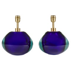 Gran par de lámparas de sobremesa elípticas contemporáneas de Murano en azul y aqua